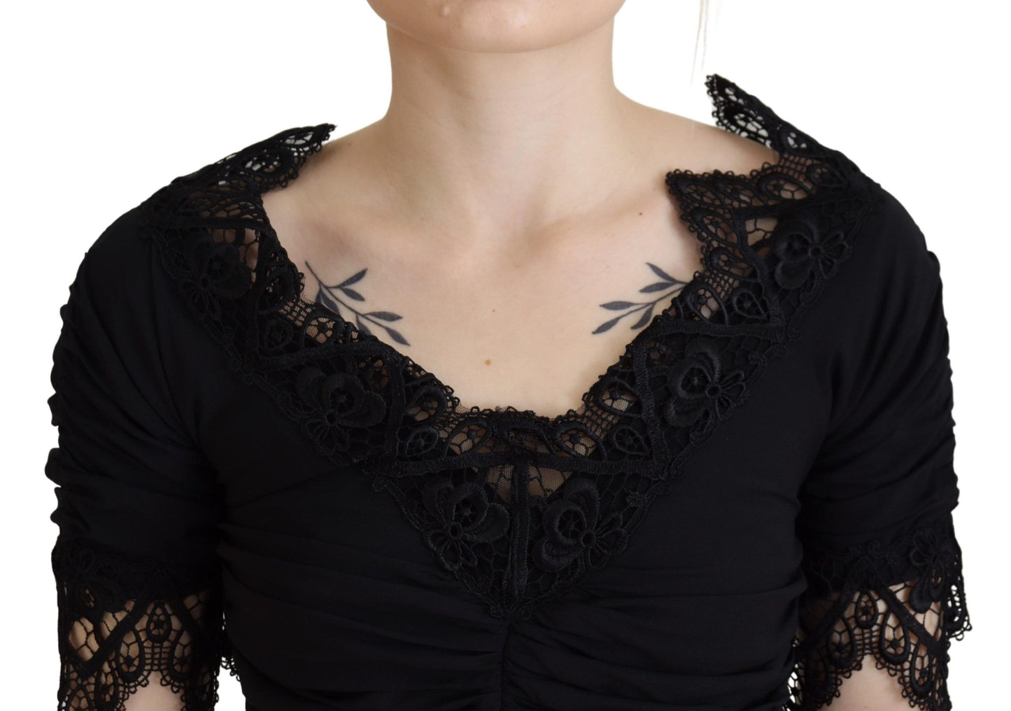 Dolce & Gabbana – Schwarzes, figurbetontes Midi-Etuikleid aus Spitze und Seide