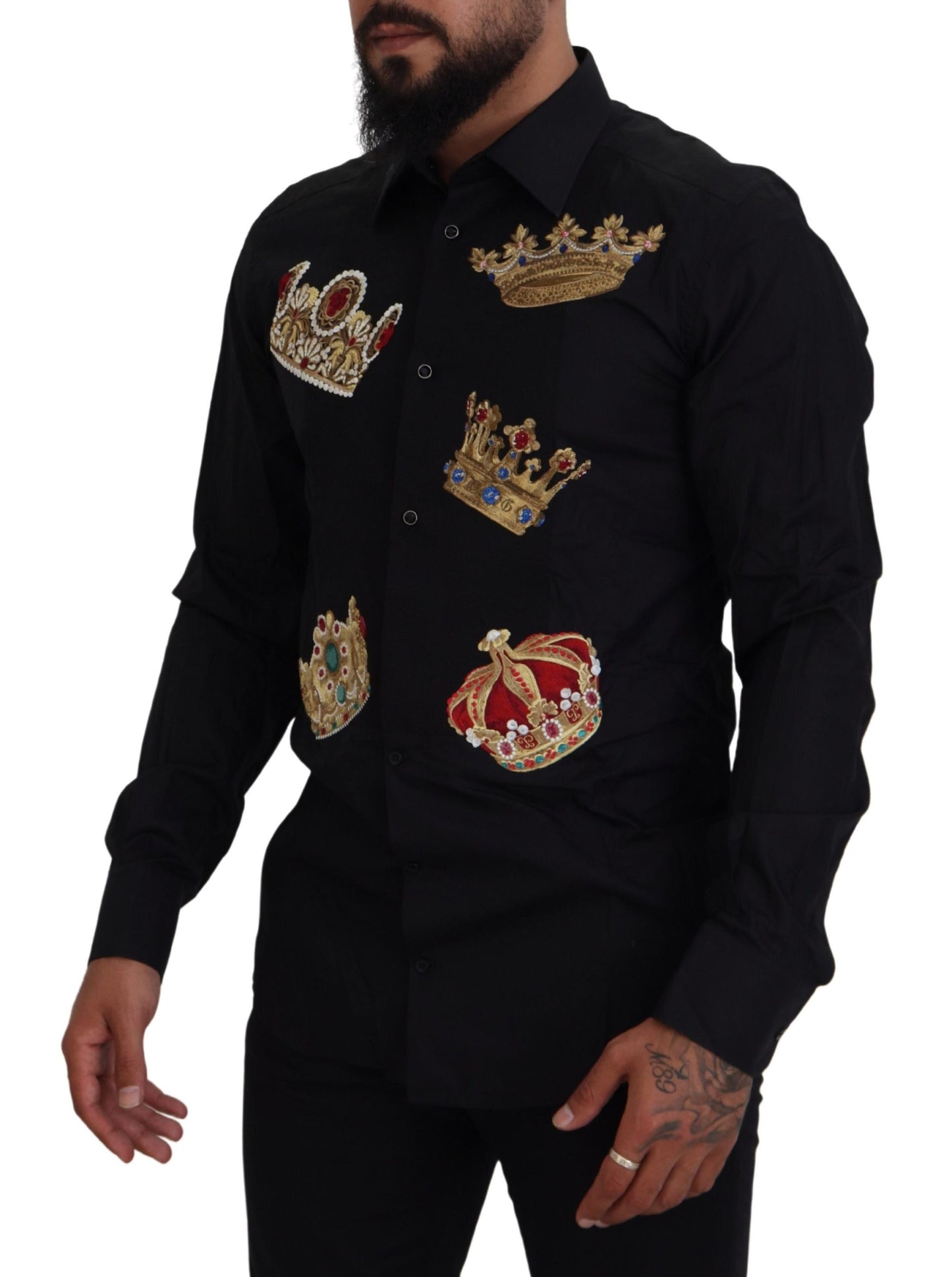 Dolce & Gabbana – Slim Fit – Formelles Hemd mit schwarzer und goldener Krone