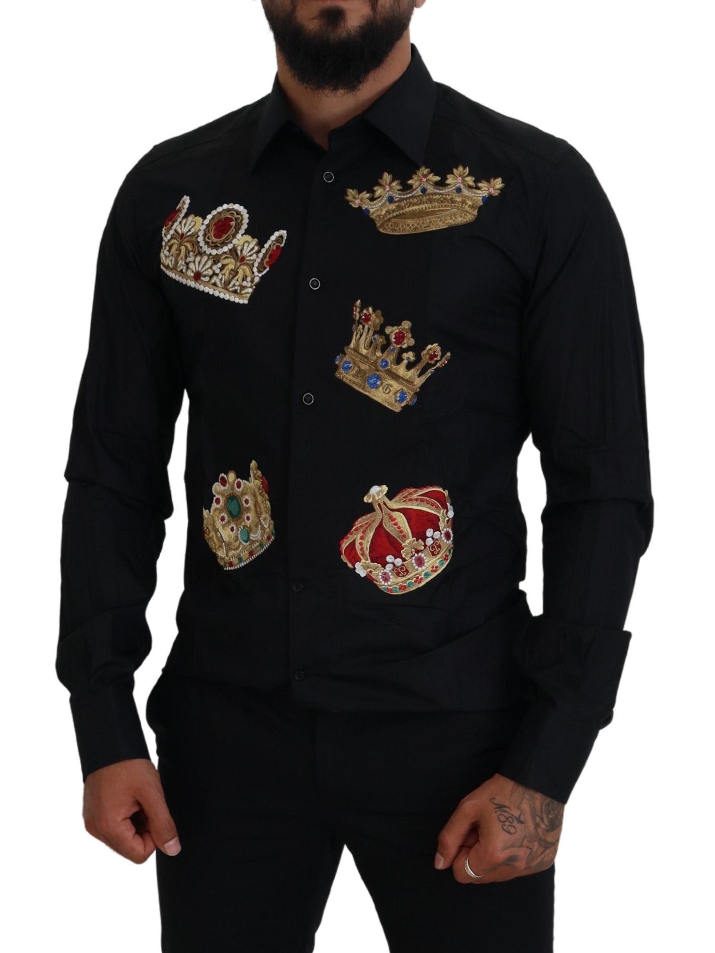Dolce & Gabbana – Slim Fit – Formelles Hemd mit schwarzer und goldener Krone