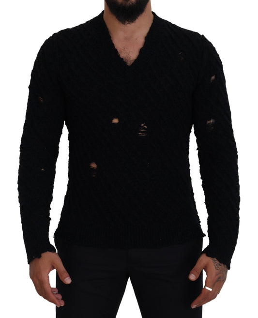 Dolce & Gabbana Schwarzer Strickpullover aus Wolle mit V-Ausschnitt