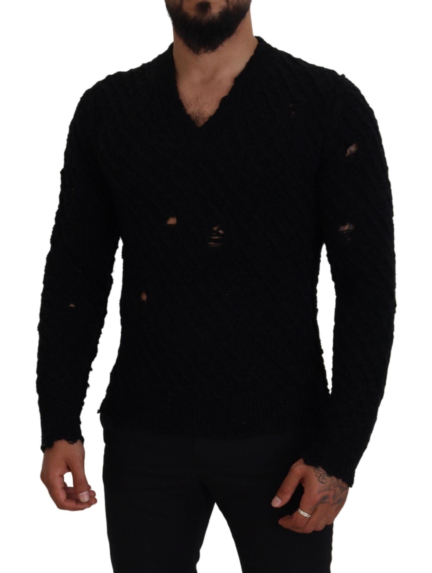 Dolce & Gabbana Schwarzer Strickpullover aus Wolle mit V-Ausschnitt