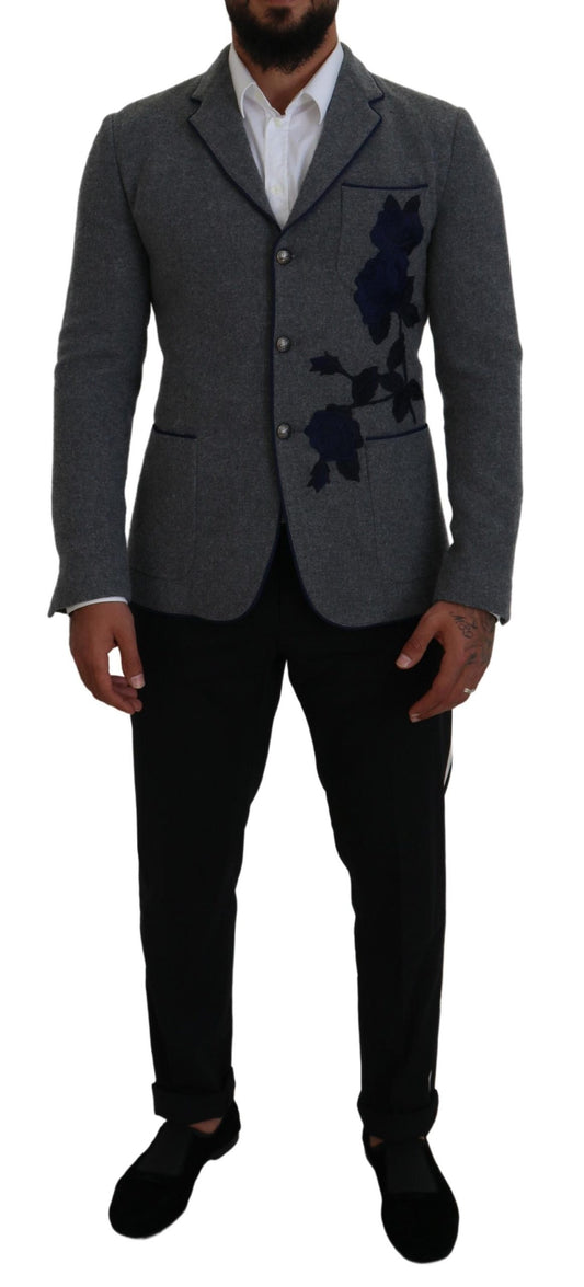 Dolce & Gabbana – Slim Fit-Jackenblazer aus grauer Wolle mit Rosen