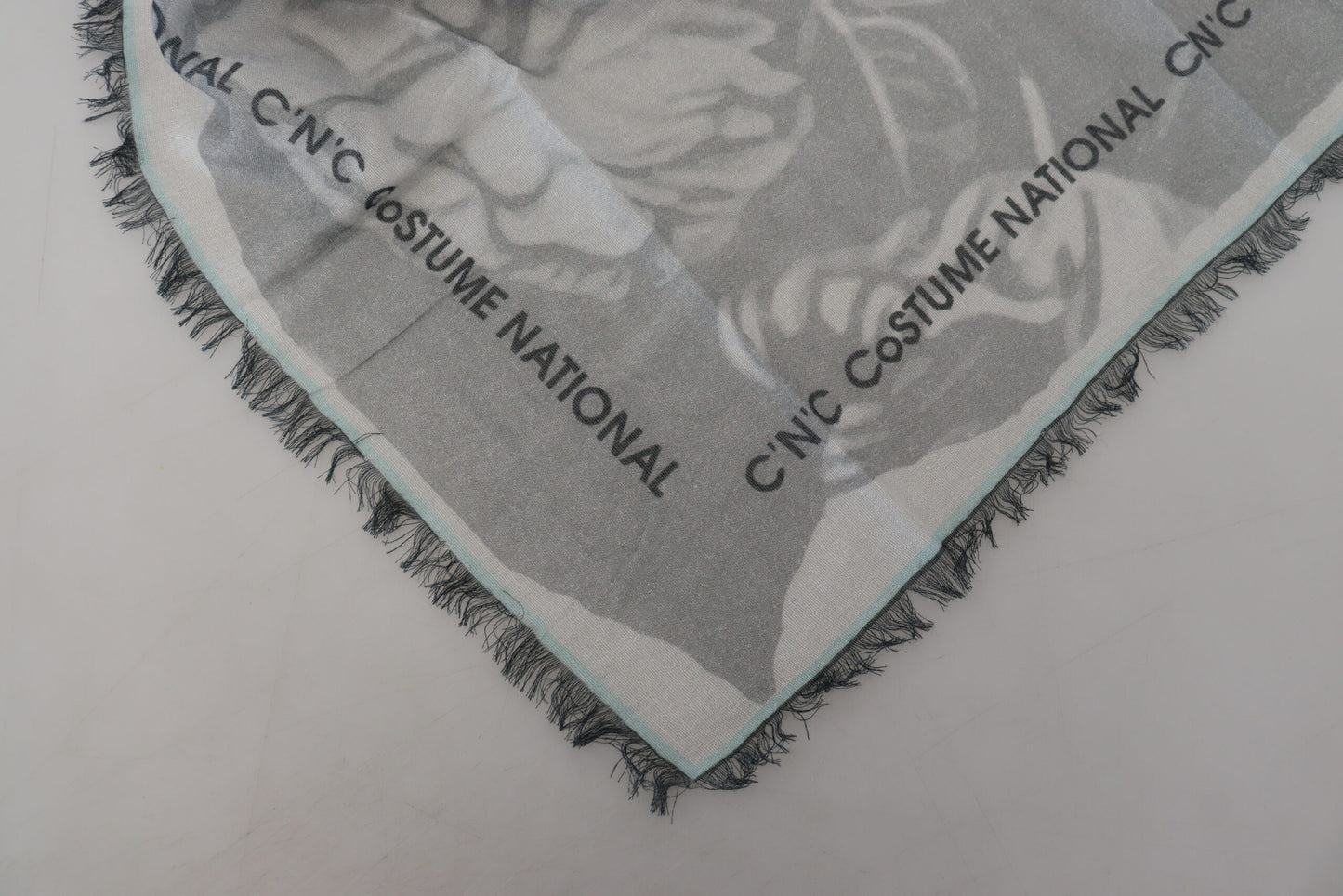 Costume National Schal mit grauem Aufdruck, Foulard und Fransen