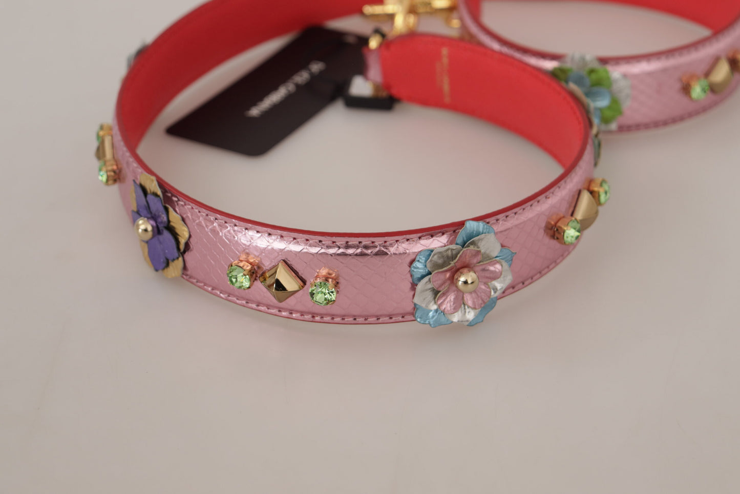 Dolce & Gabbana – Schultergurt aus metallischem rosa Leder mit Nieten