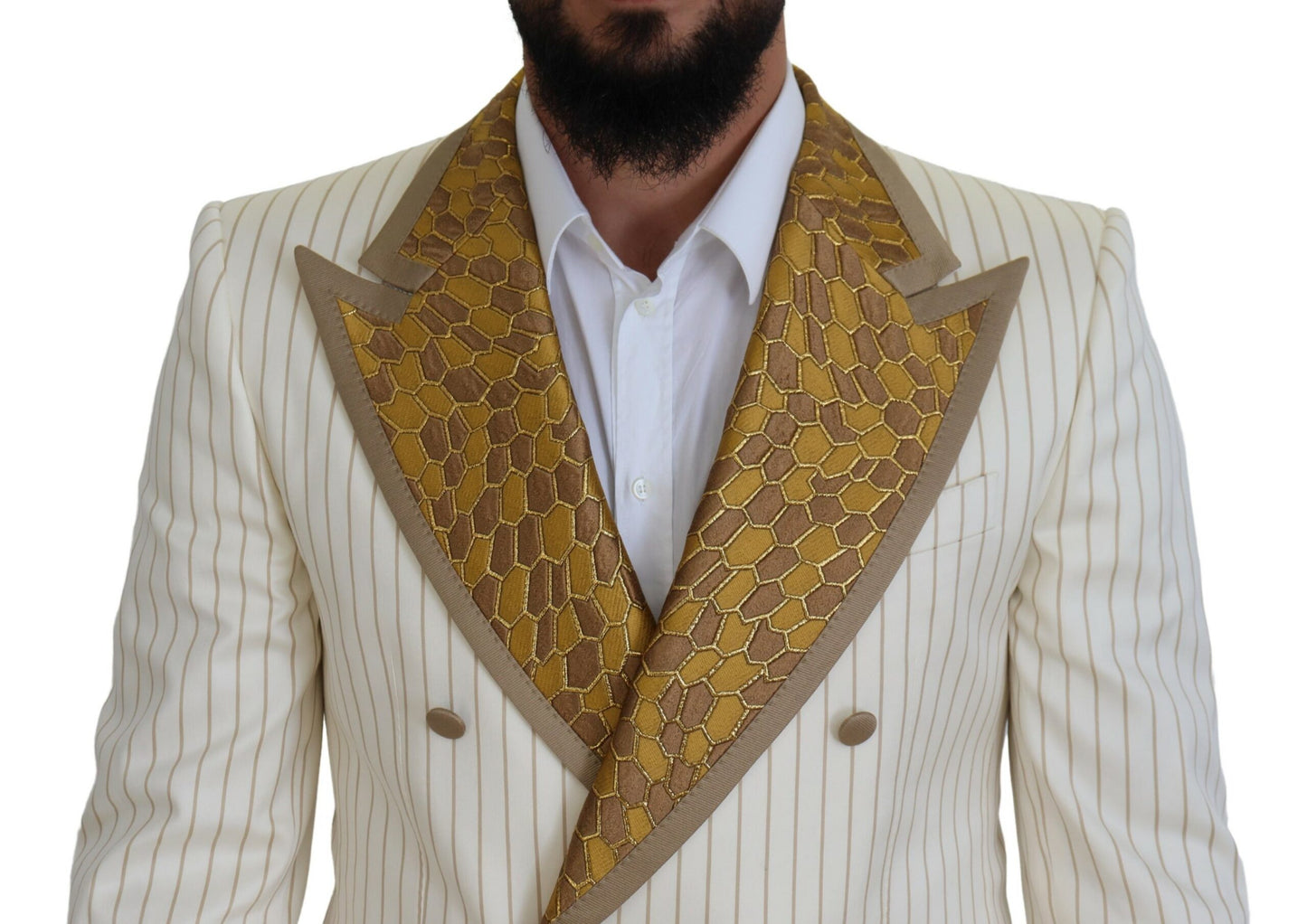 Dolce & Gabbana – Smokinganzug in gebrochenem Weiß und Gold mit Streifen im Slim Fit