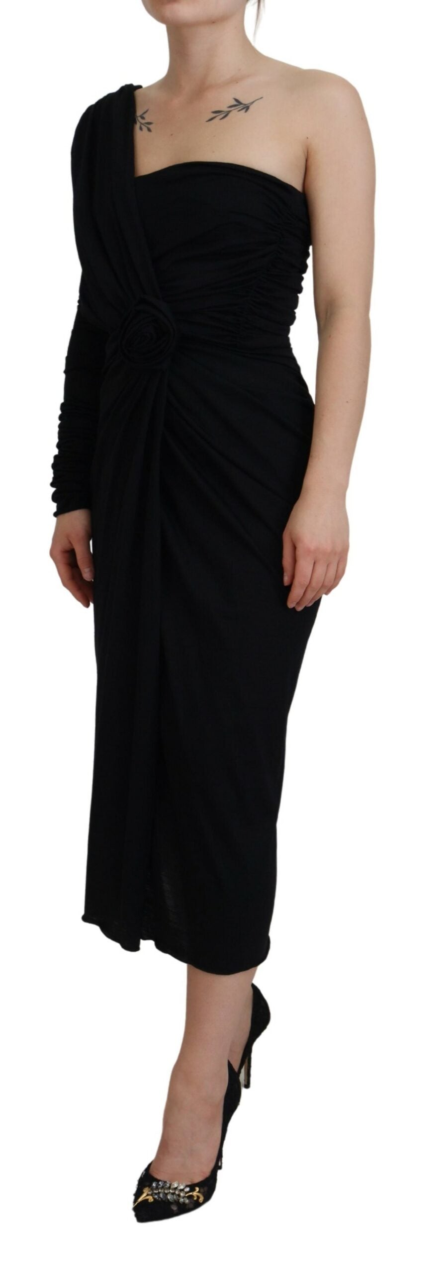 Dolce & Gabbana Schwarzes Wickelkleid aus Wolle mit One-Shoulder-Träger