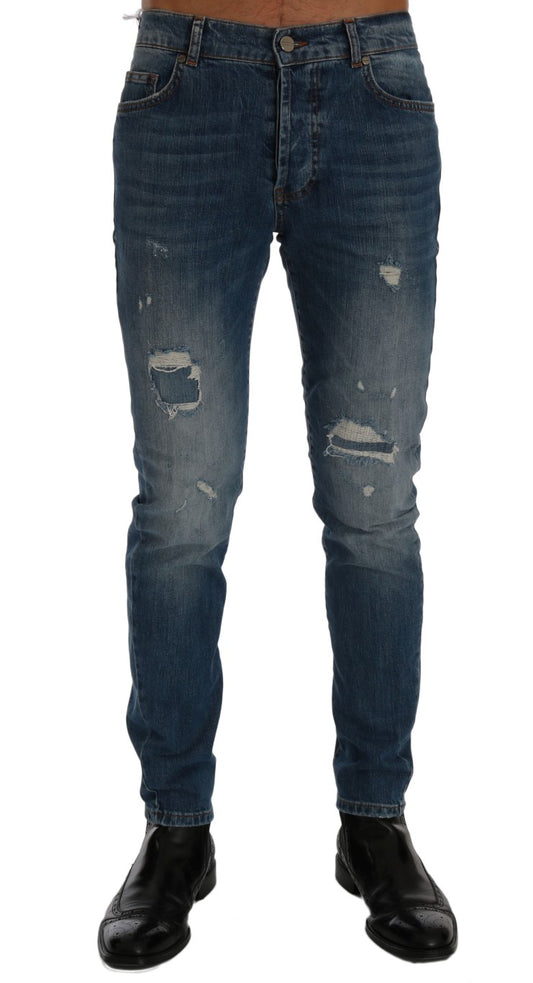 Frankie Morello – Dunfermile Slim Fit Jeans in blauer Waschung und zerrissenem Design