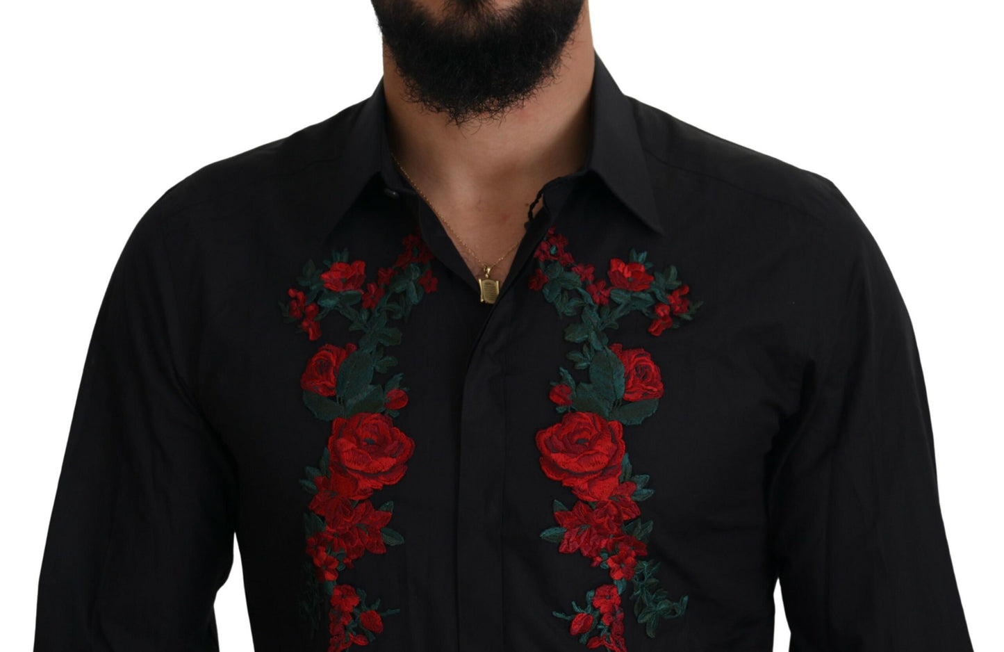 Dolce & Gabbana Schwarzes Herrenhemd mit Blumenstickerei und langen Ärmeln in GOLD