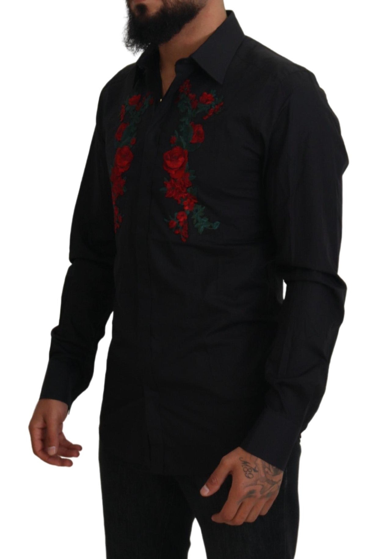 Dolce & Gabbana Schwarzes Herrenhemd mit Blumenstickerei und langen Ärmeln in GOLD