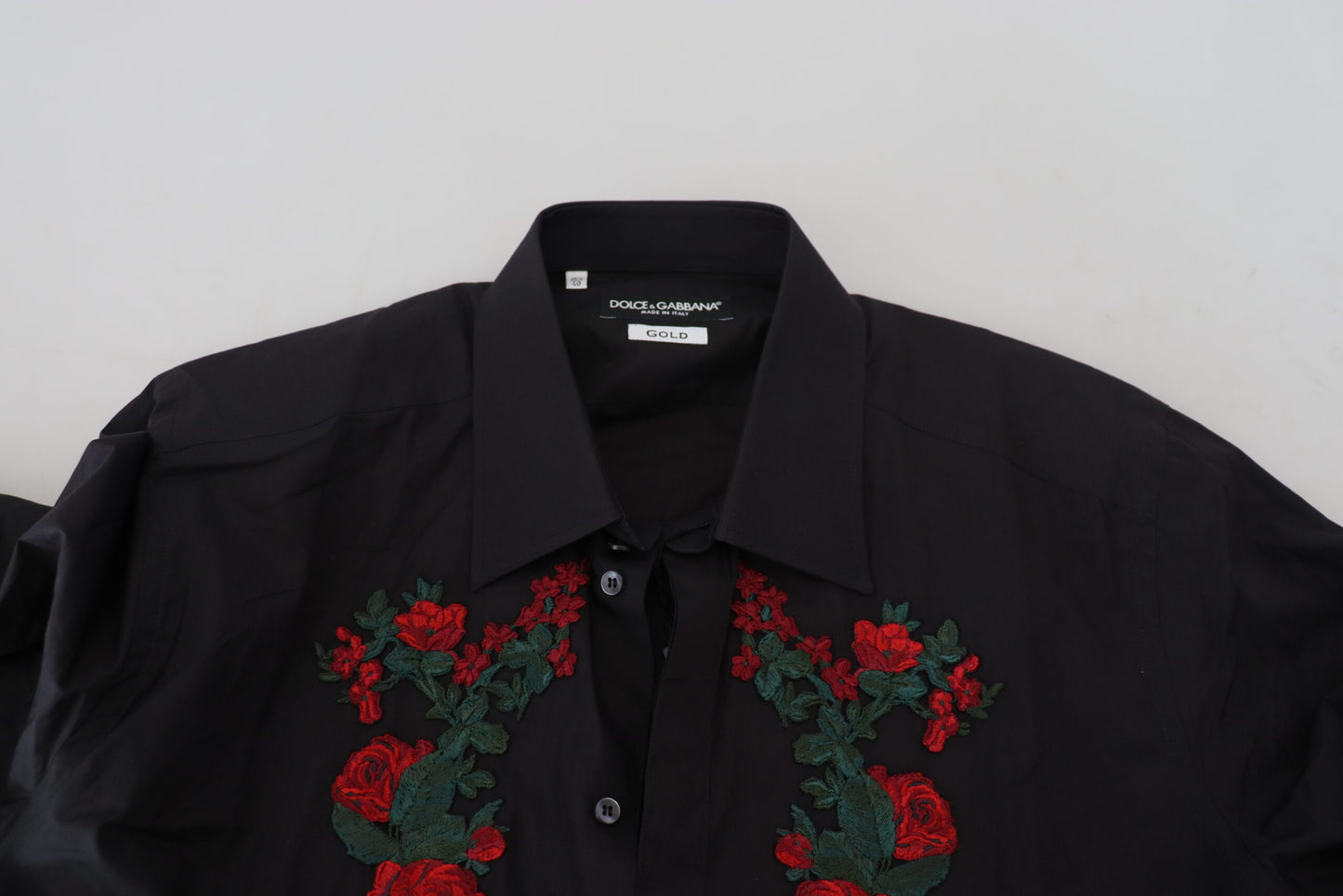 Dolce & Gabbana Schwarzes Herrenhemd mit Blumenstickerei und langen Ärmeln in GOLD