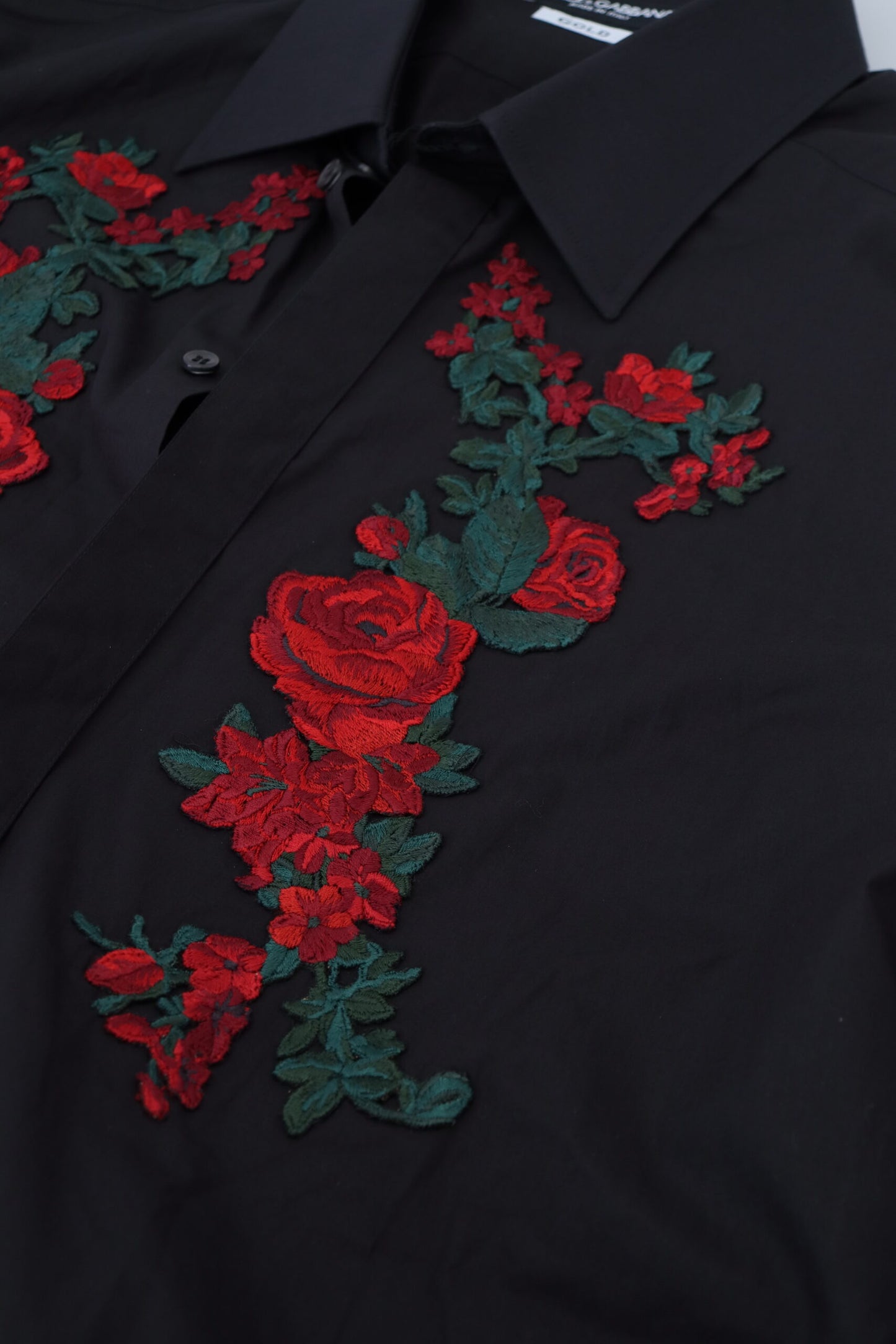 Dolce & Gabbana Schwarzes Herrenhemd mit Blumenstickerei und langen Ärmeln in GOLD