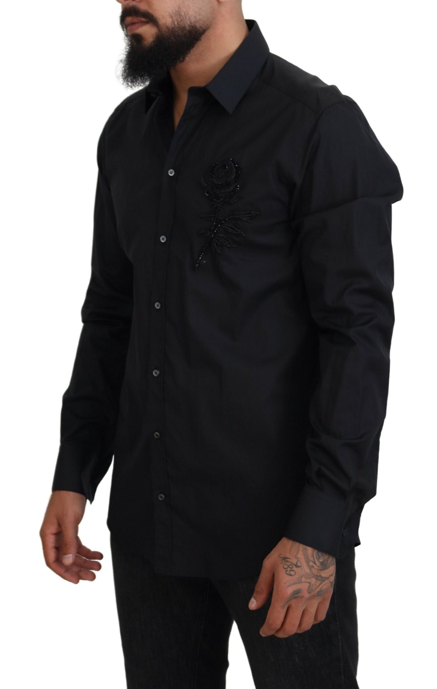 Dolce & Gabbana – Slim Fit-Baumwollhemd mit schwarzen Rosen