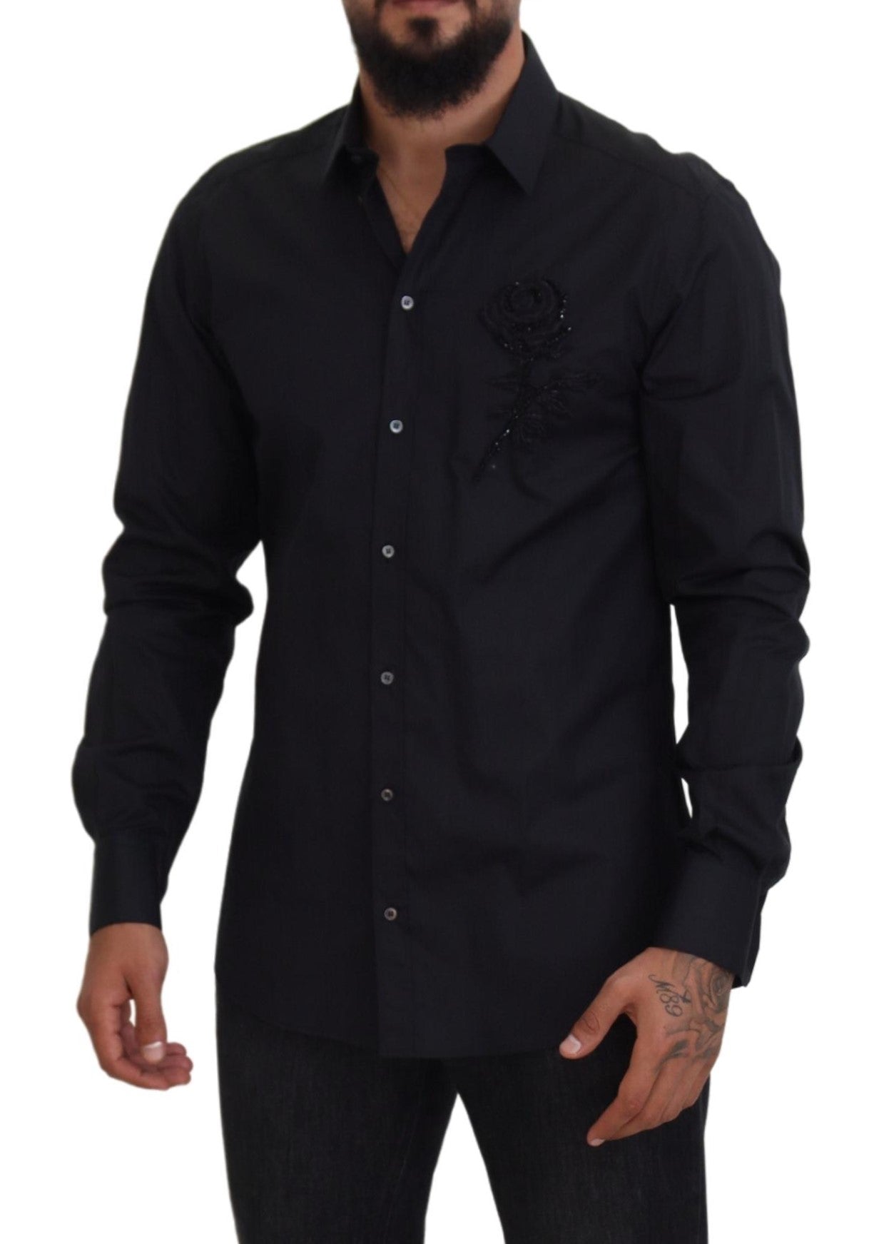 Dolce & Gabbana – Slim Fit-Baumwollhemd mit schwarzen Rosen