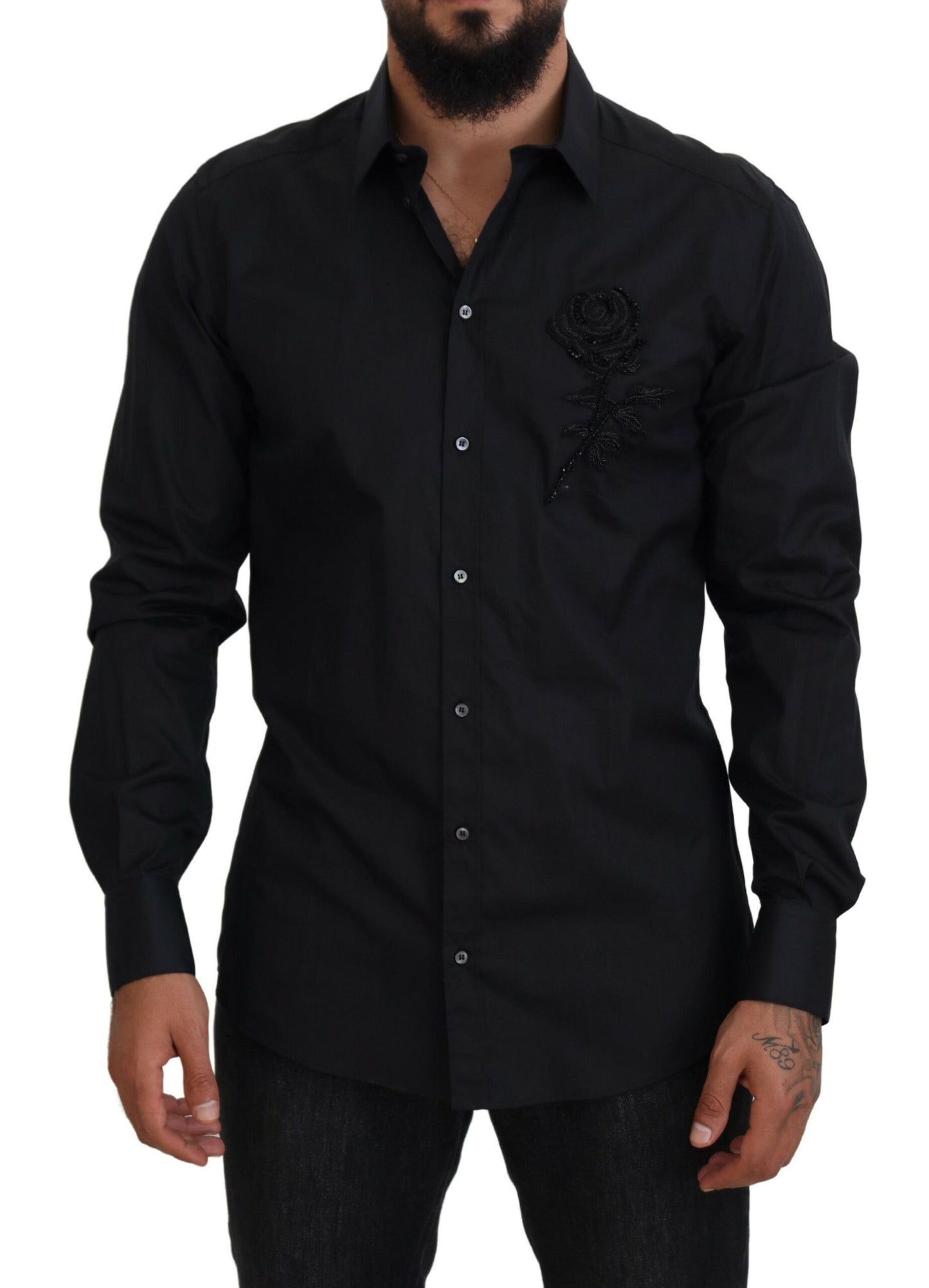 Dolce & Gabbana – Slim Fit-Baumwollhemd mit schwarzen Rosen