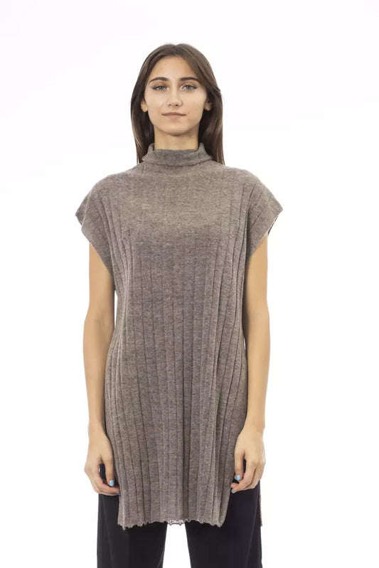 Alpha Studio Brauner Wollpullover für Damen mit Rollkragen und Seitenschlitzen