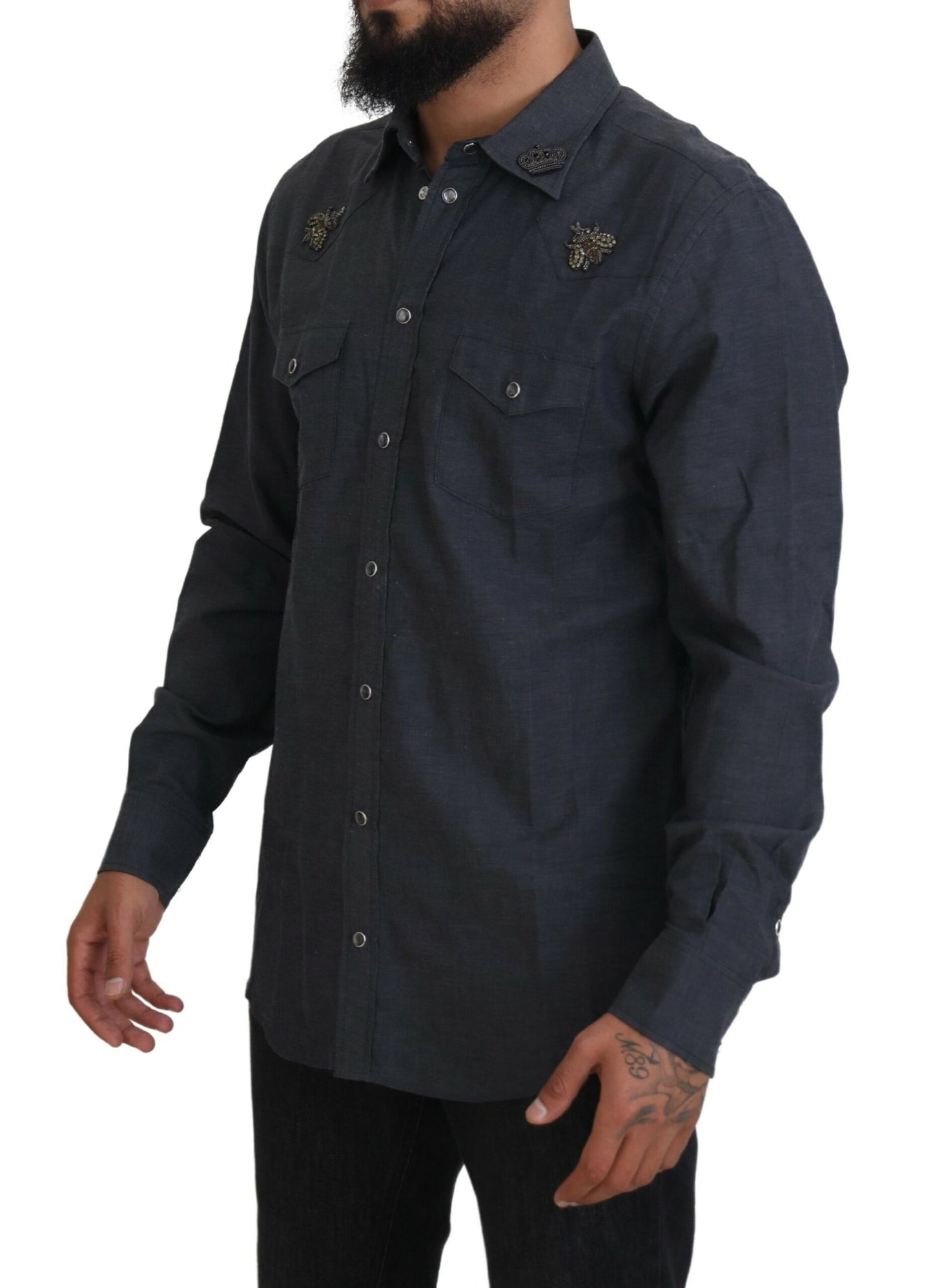 Dolce & Gabbana – Blaues Baumwoll-Denim-Hemd mit Kristallbienenmuster