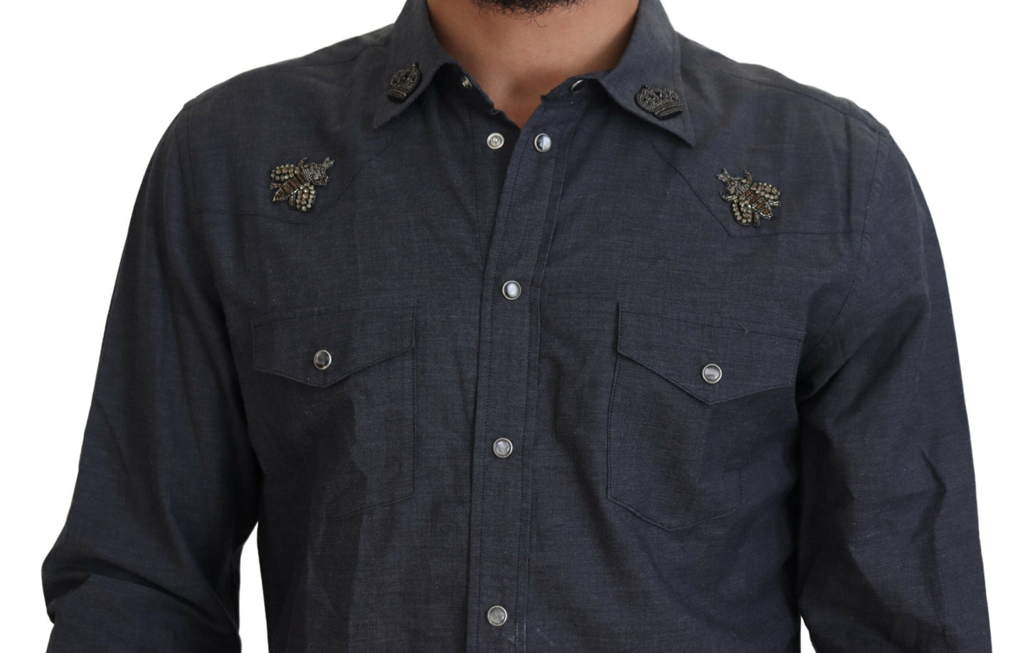 Dolce & Gabbana – Blaues Baumwoll-Denim-Hemd mit Kristallbienenmuster
