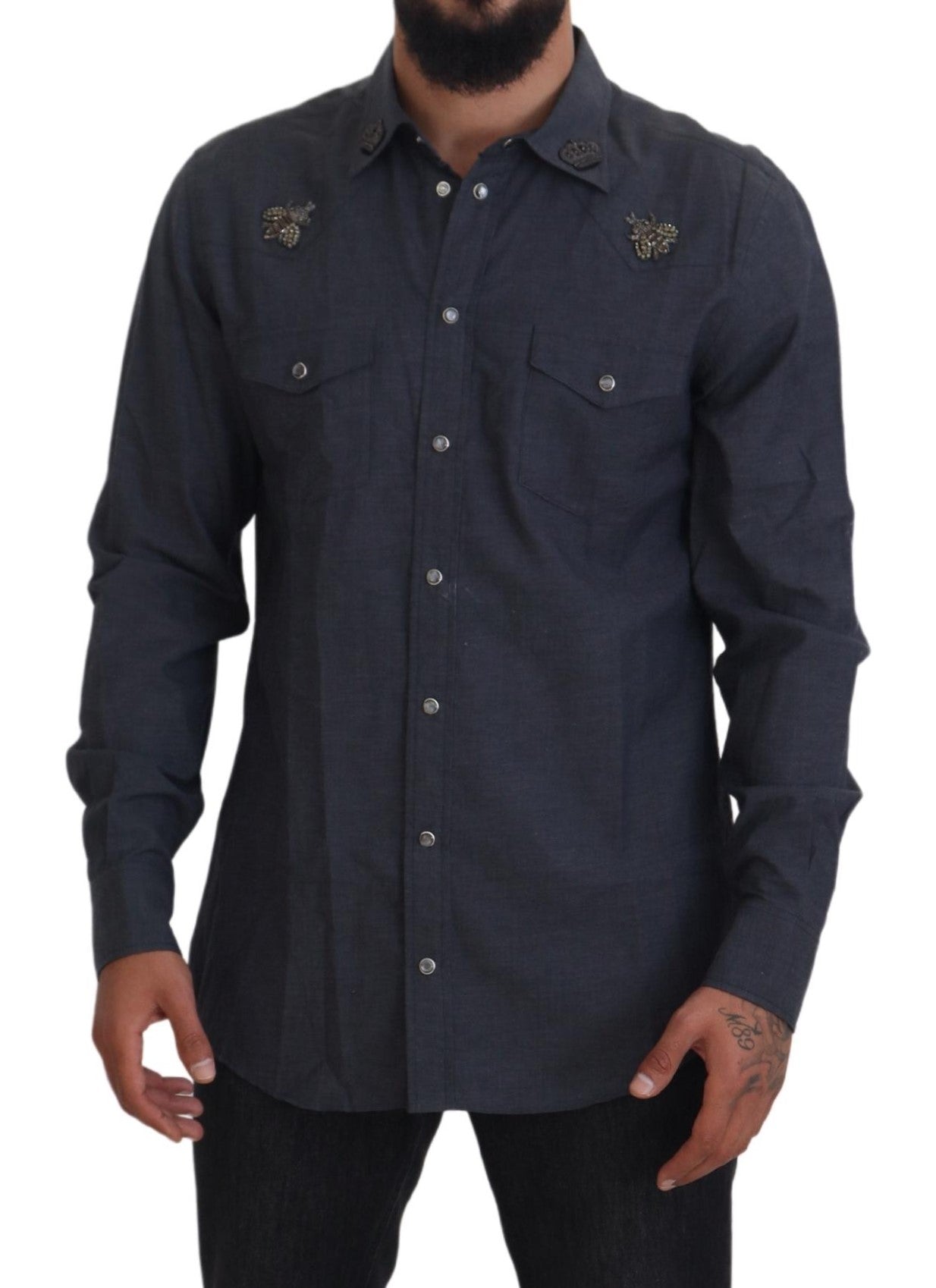 Dolce & Gabbana – Blaues Baumwoll-Denim-Hemd mit Kristallbienenmuster