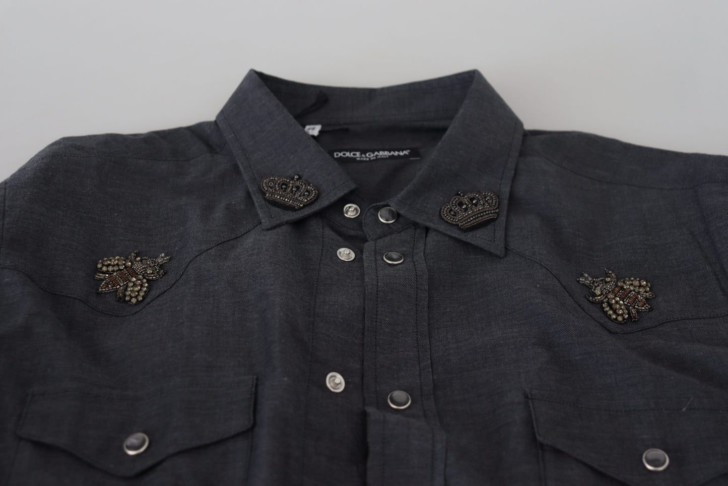 Dolce & Gabbana – Blaues Baumwoll-Denim-Hemd mit Kristallbienenmuster