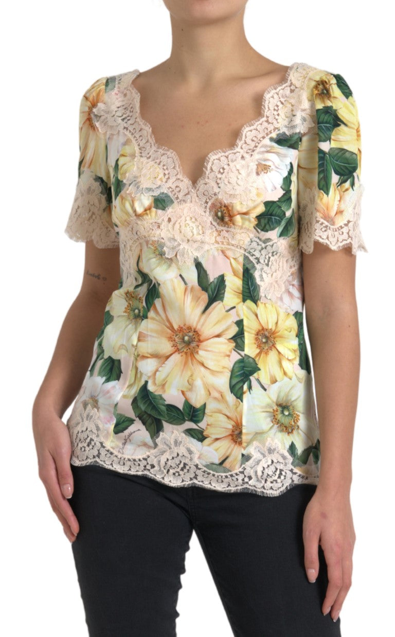 Dolce & Gabbana, mehrfarbige Bluse mit V-Ausschnitt und Blumenspitze