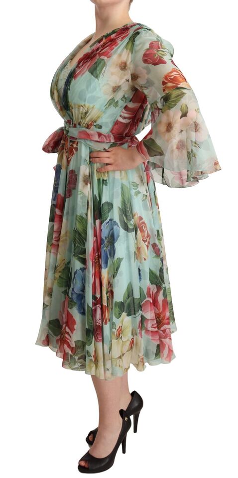 Dolce & Gabbana – Mehrfarbiges, grünes Midi-Wickelkleid aus Seide mit Blumenmuster