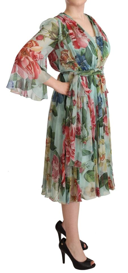 Dolce & Gabbana – Mehrfarbiges, grünes Midi-Wickelkleid aus Seide mit Blumenmuster