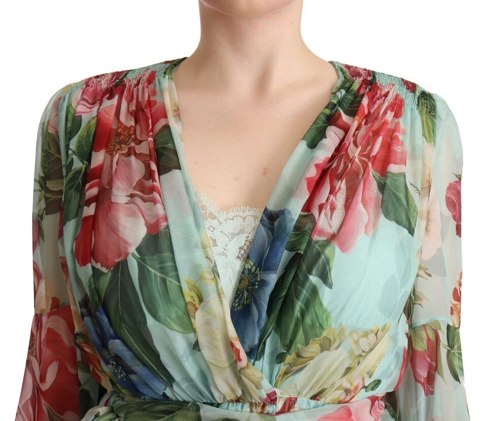 Dolce & Gabbana – Mehrfarbiges, grünes Midi-Wickelkleid aus Seide mit Blumenmuster