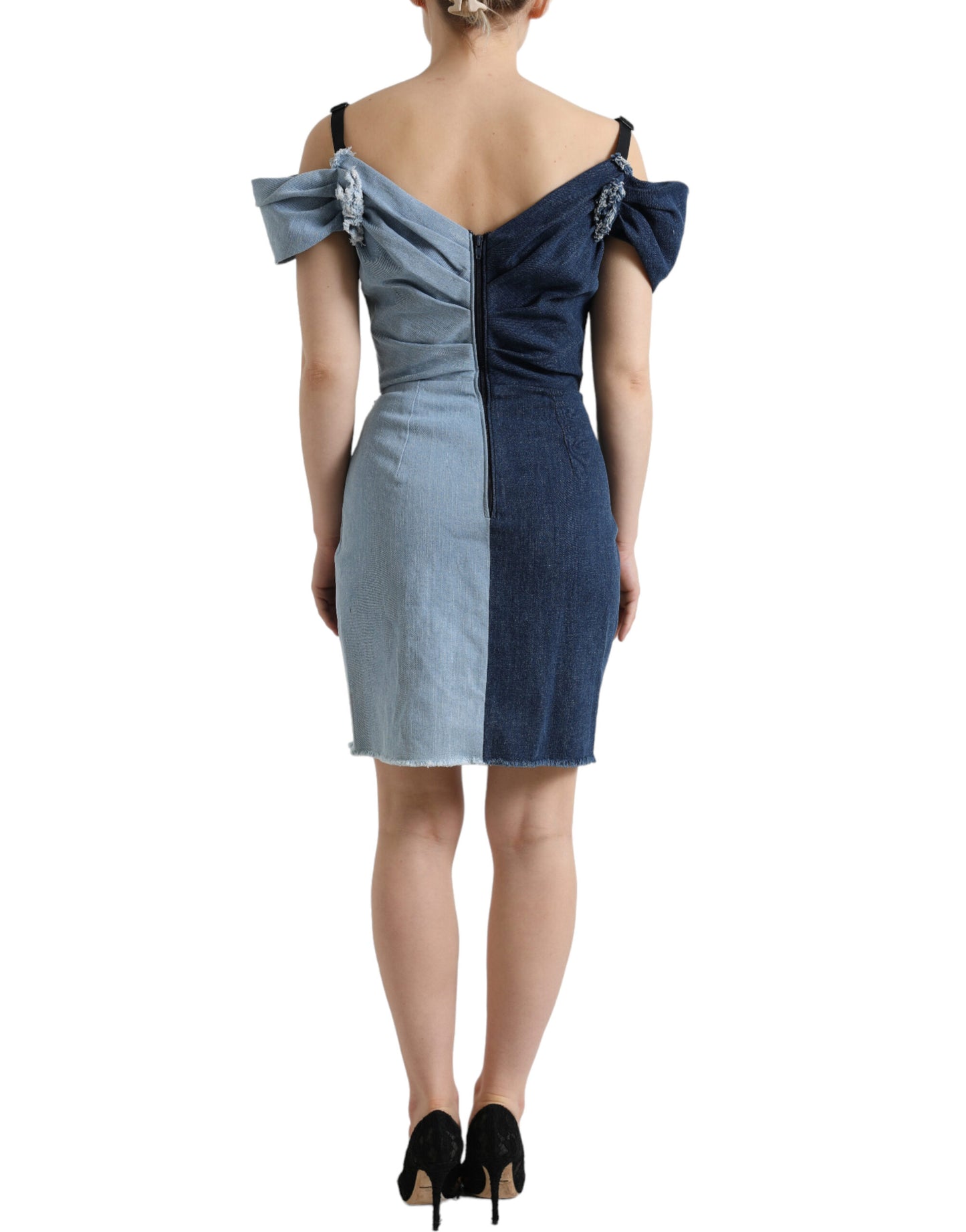 Dolce & Gabbana – Blaues, zweifarbiges Denim-Minikleid im Patchwork-Stil