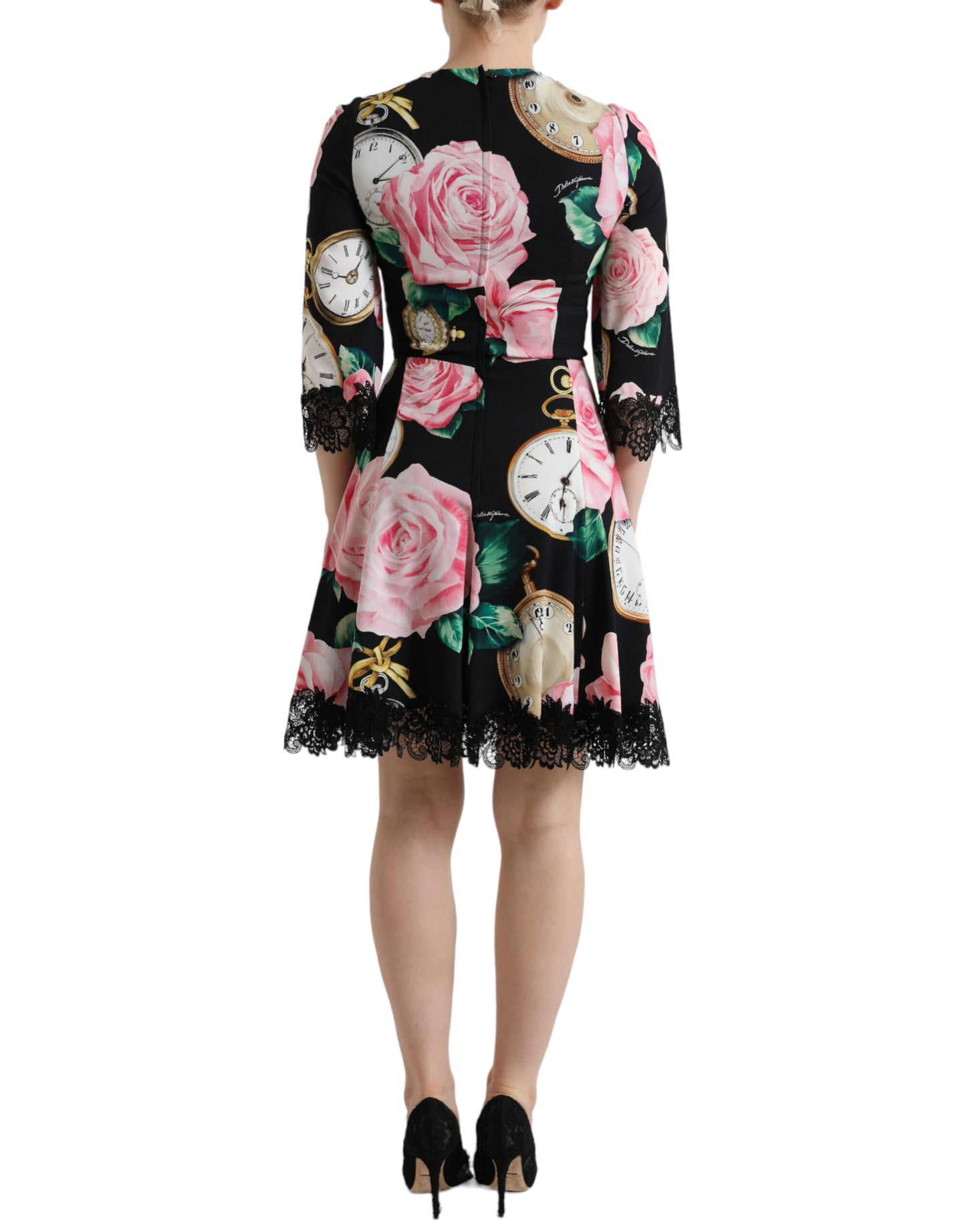 Dolce & Gabbana Schwarzes A-Linien-Kleid aus Spitze mit Blumenverzierung