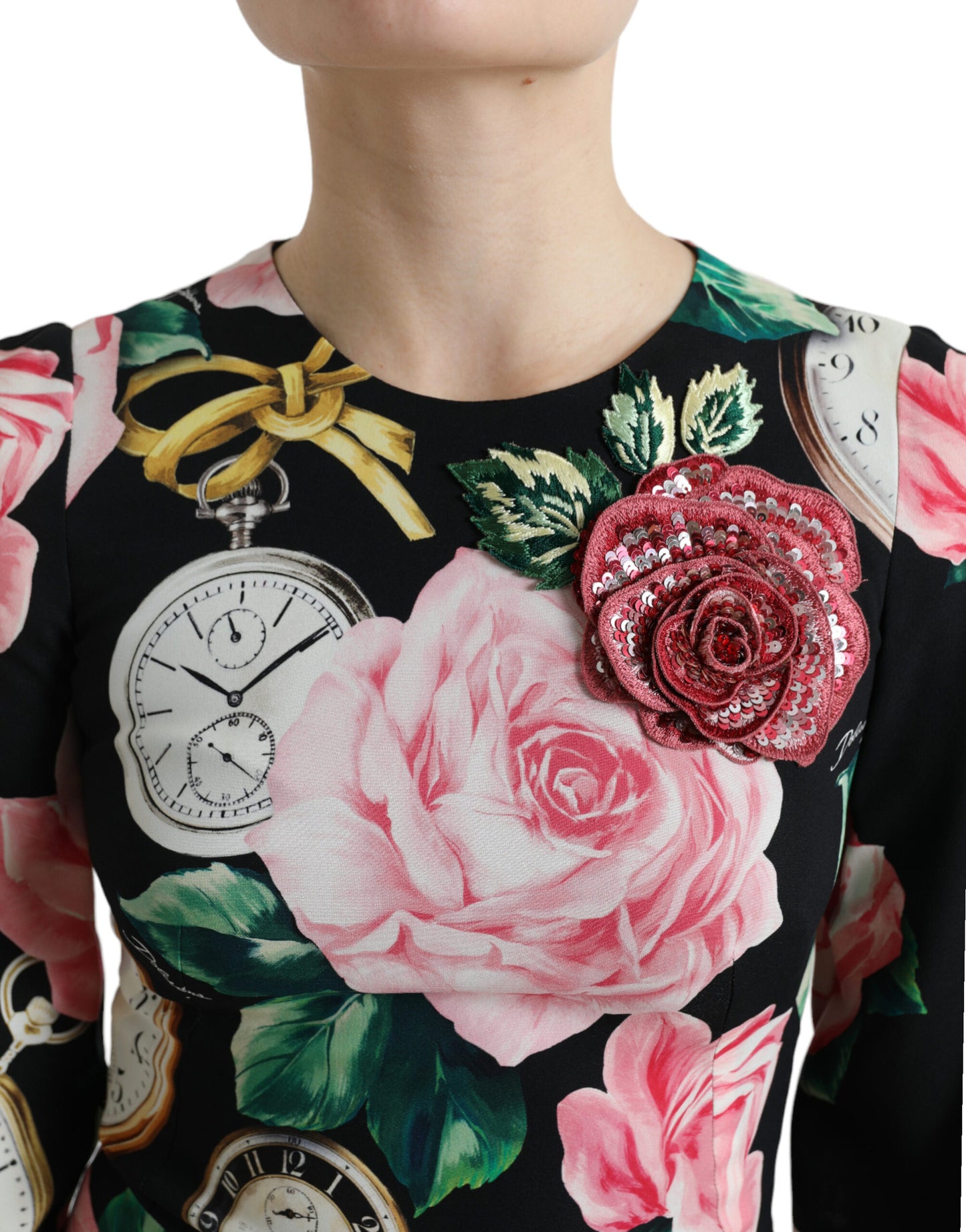 Dolce & Gabbana Schwarzes A-Linien-Kleid aus Spitze mit Blumenverzierung