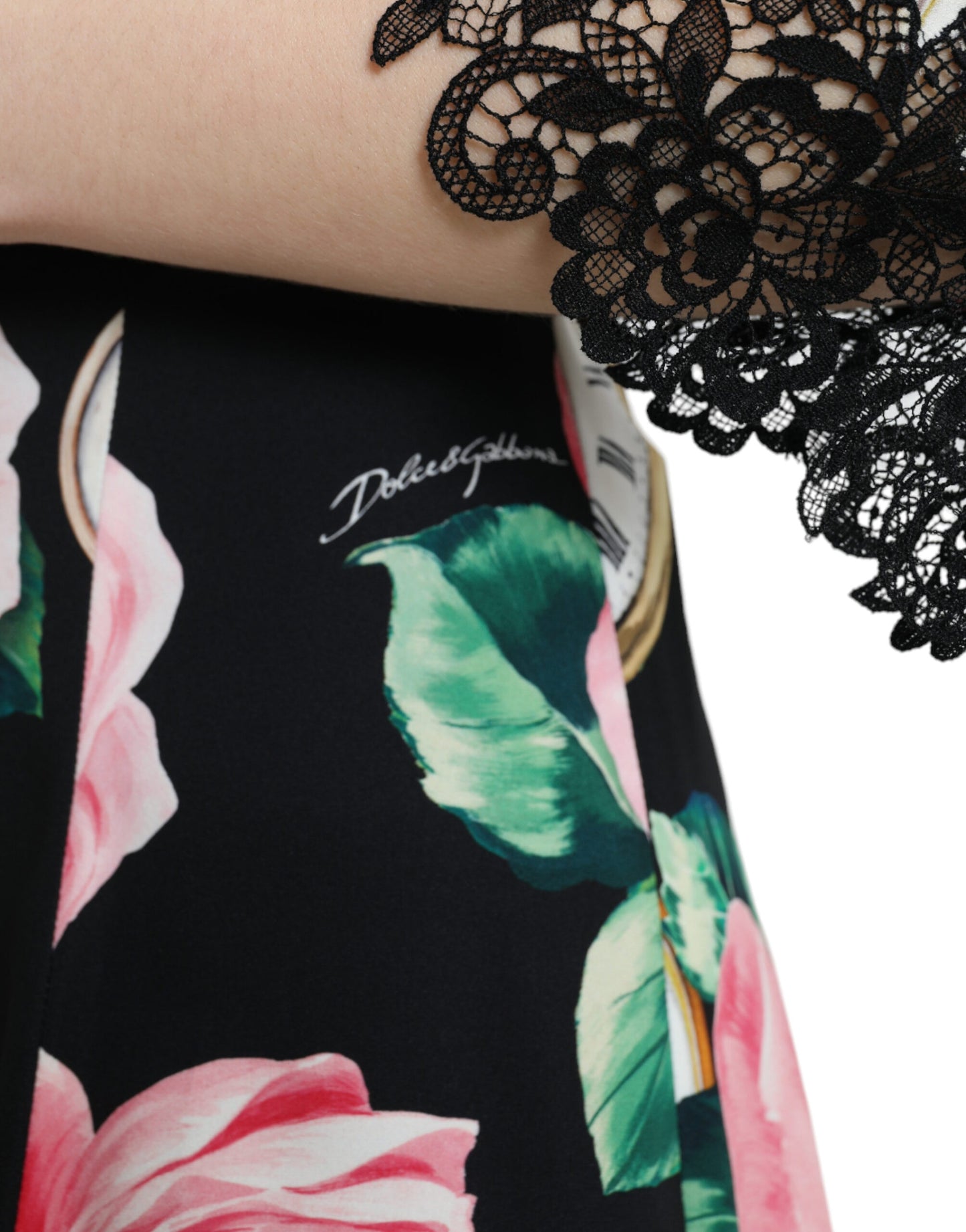 Dolce & Gabbana Schwarzes A-Linien-Kleid aus Spitze mit Blumenverzierung