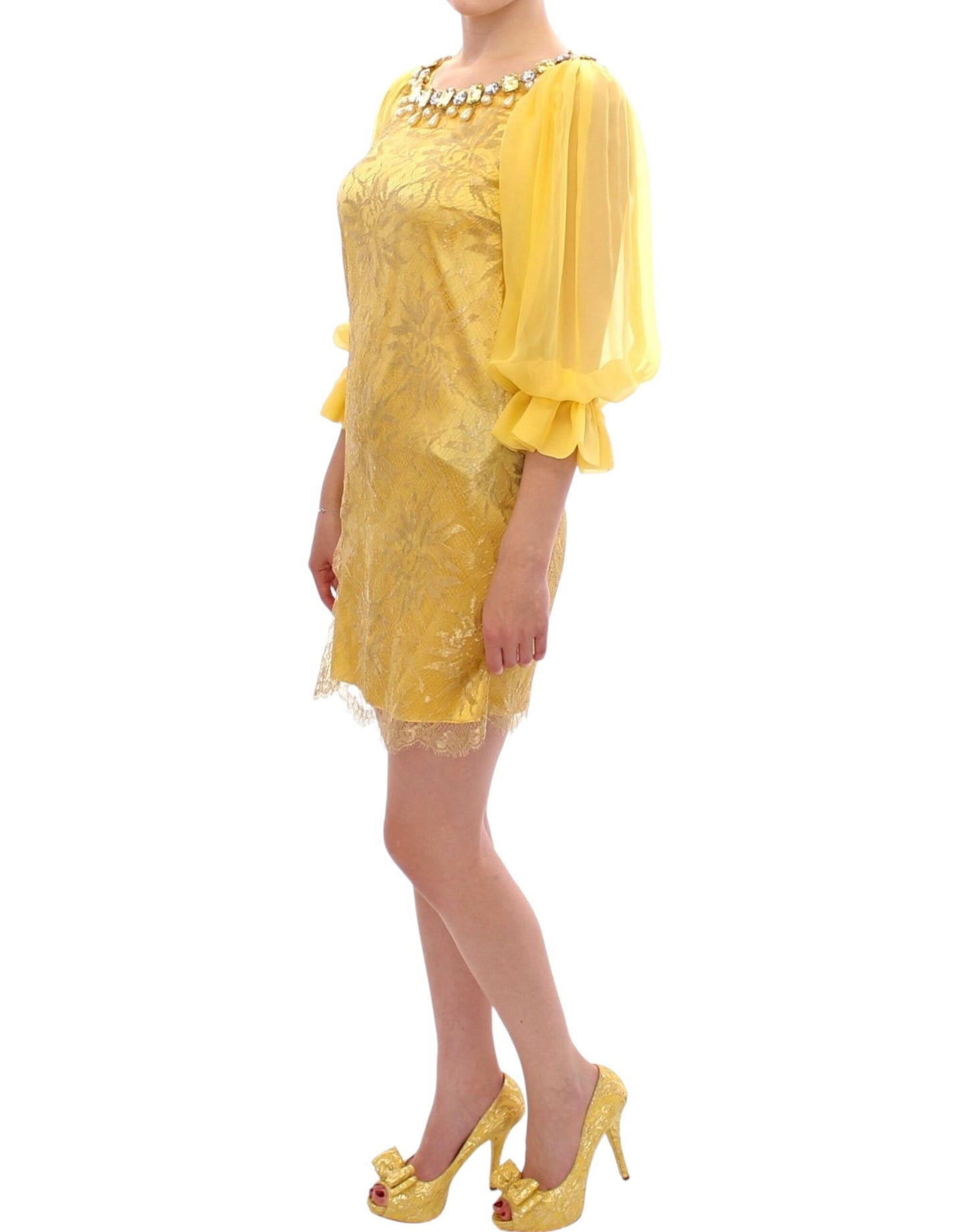 Dolce & Gabbana Gelbes Minikleid aus Spitze mit Kristallen