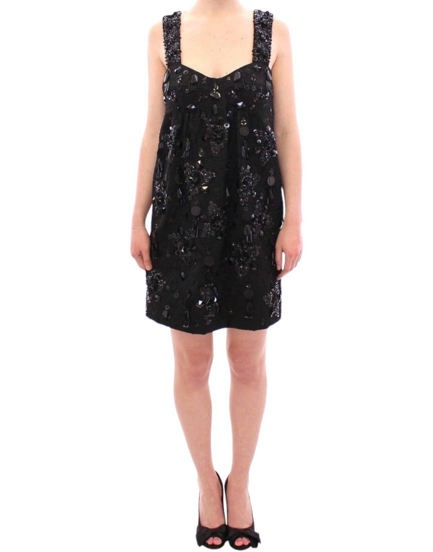 Dolce & Gabbana Schwarzes Kleid mit Blumen- und Kristallbesatz