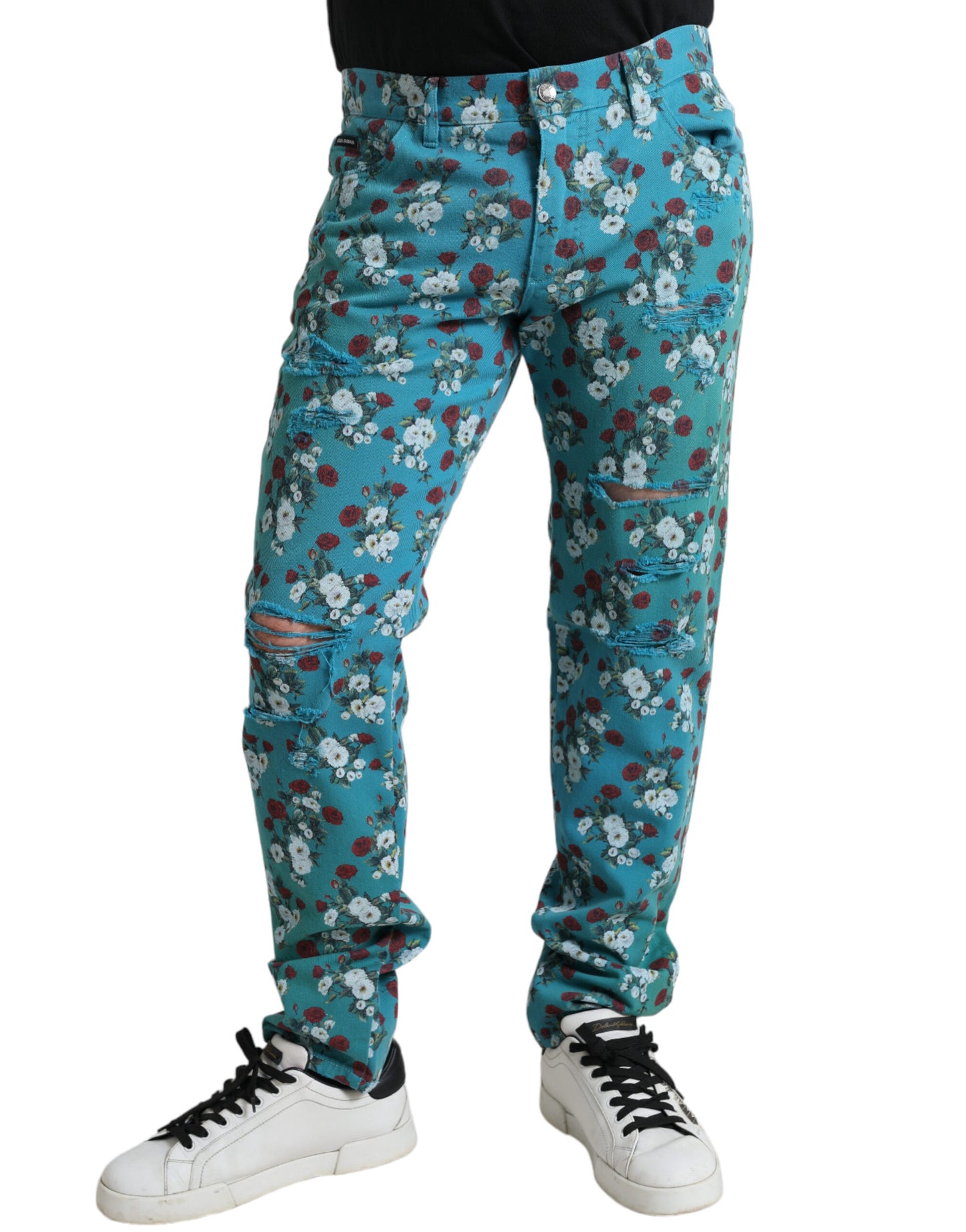 Dolce & Gabbana – Enge Jeanshose aus Baumwolle mit Blumenmuster in Blau