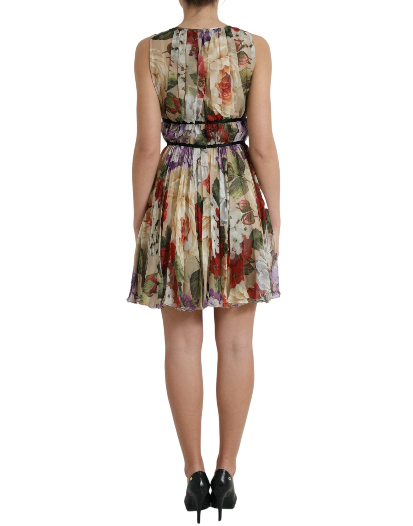 Dolce & Gabbana Beiges ärmelloses Minikleid in A-Linie mit Blumenmuster