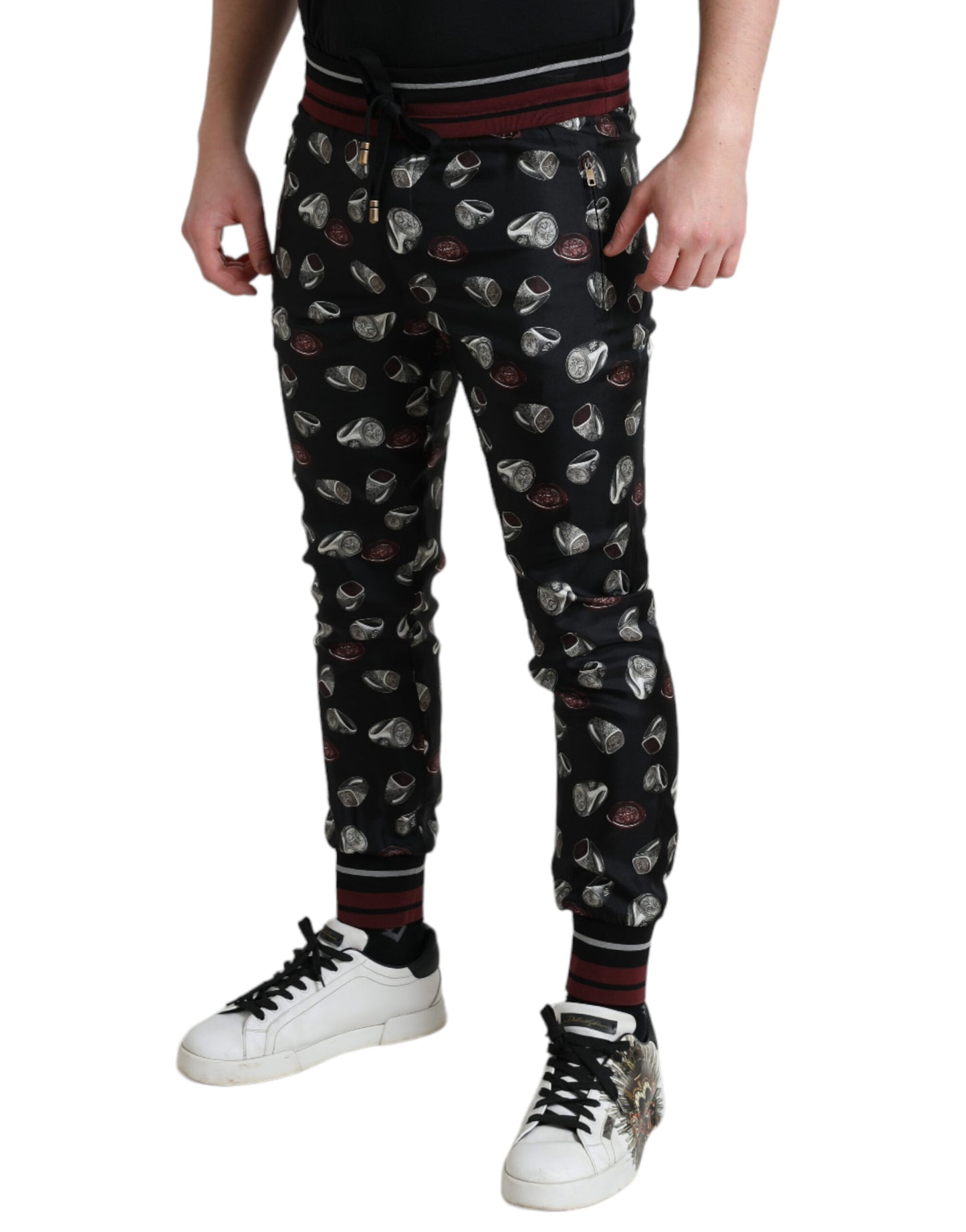 Dolce & Gabbana Schwarze Jogginghose aus Seide mit Ring