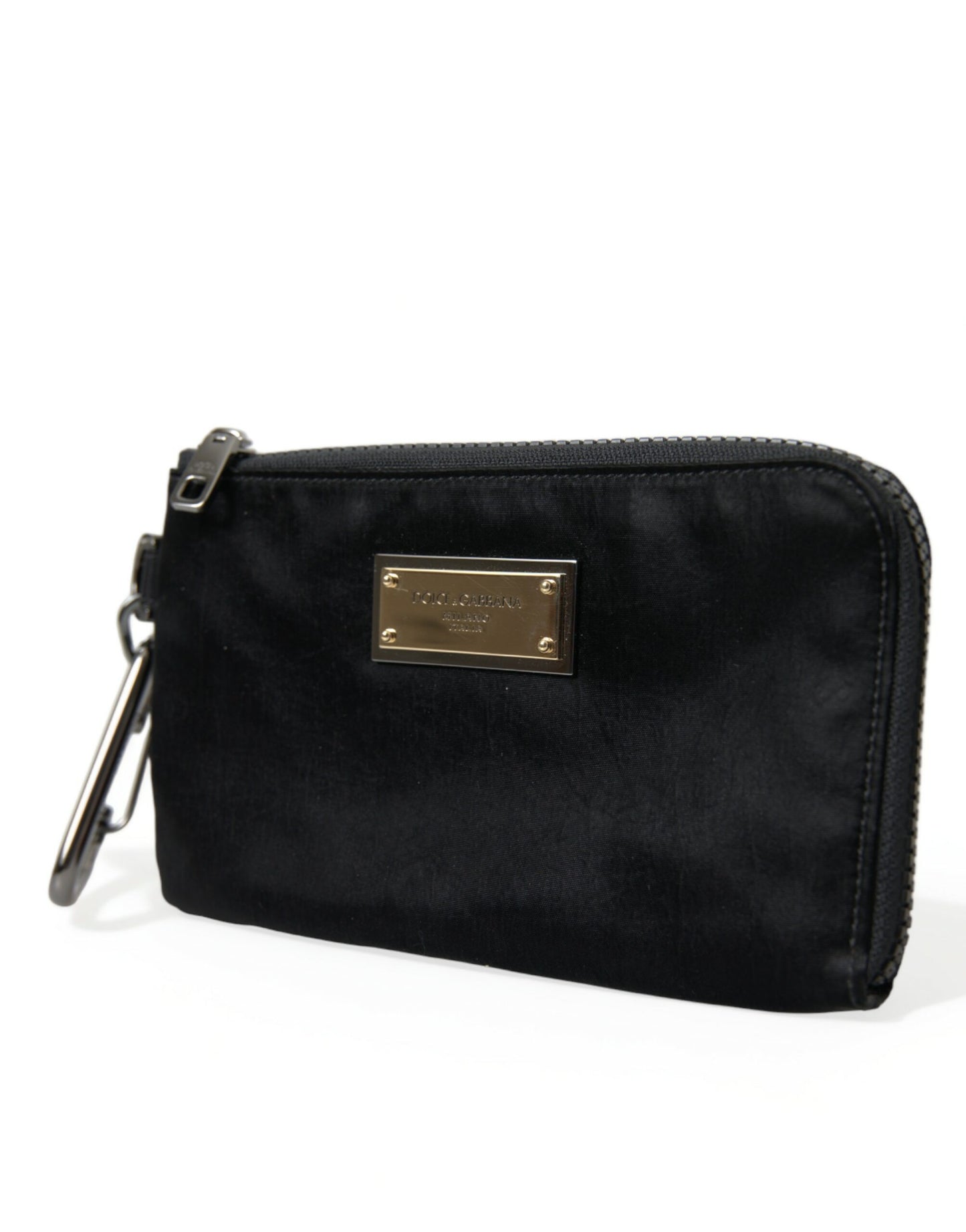 Dolce & Gabbana – Schwarze Clutch mit Schlüsselanhänger und Logo-Plakette aus Nylon