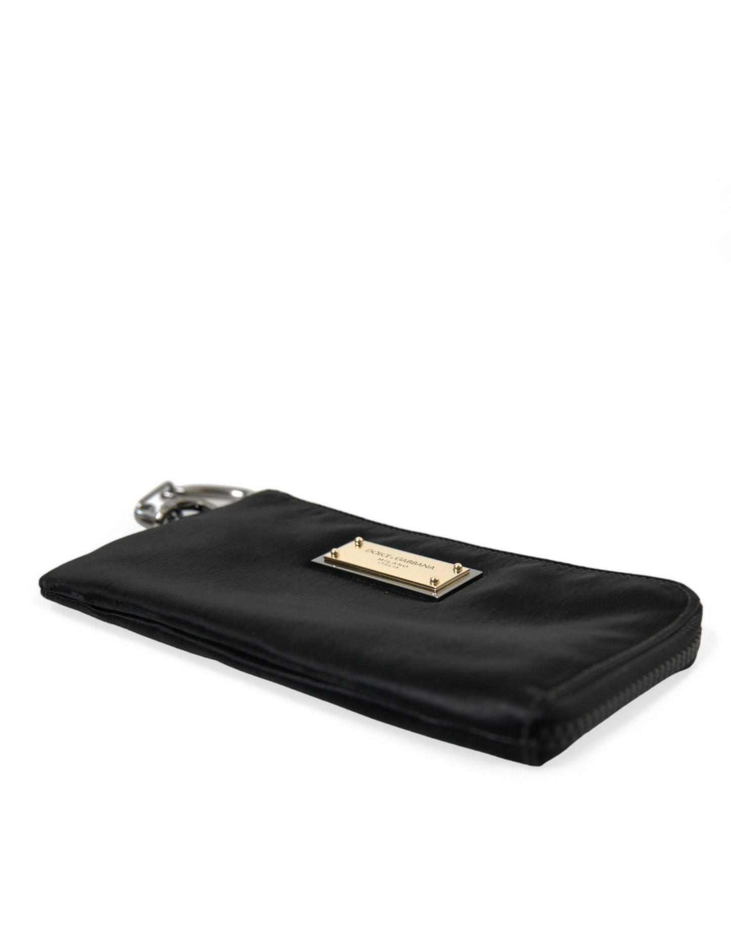 Dolce & Gabbana – Schwarze Clutch mit Schlüsselanhänger und Logo-Plakette aus Nylon