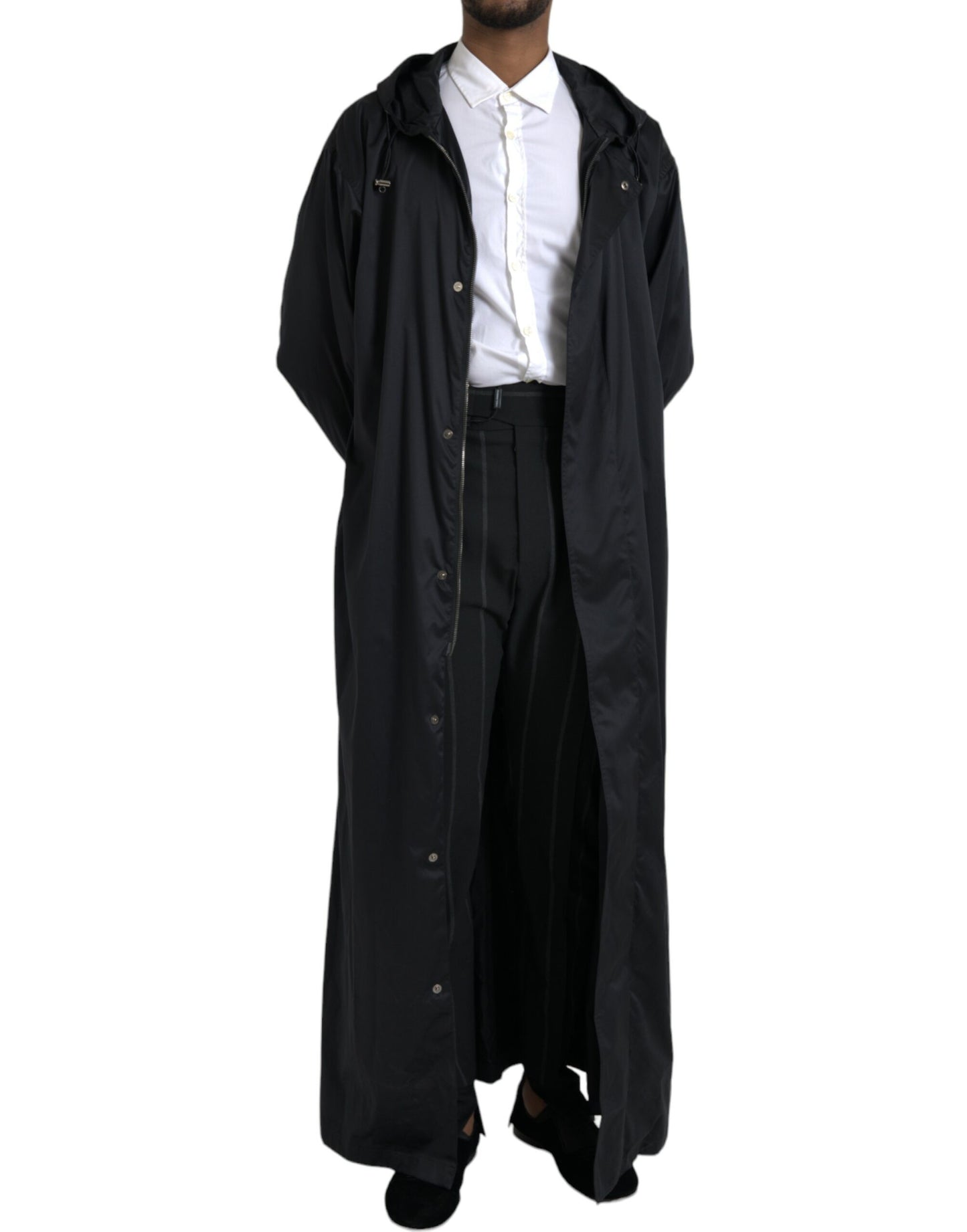 Dolce & Gabbana – Lange Windjacke aus schwarzem Polyester mit Kapuze