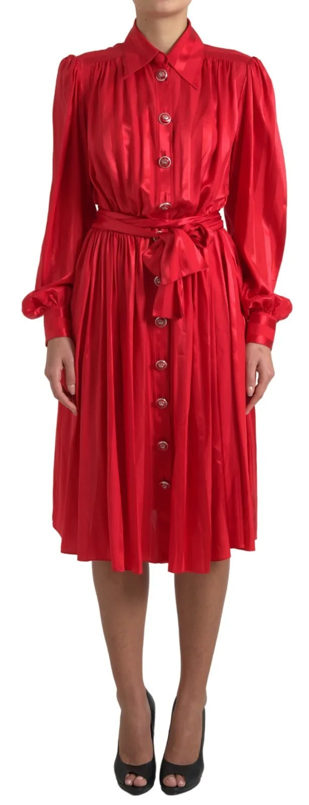 Dolce & Gabbana – Rotes Midikleid aus Satinseide mit Knopfleiste und Gürtel