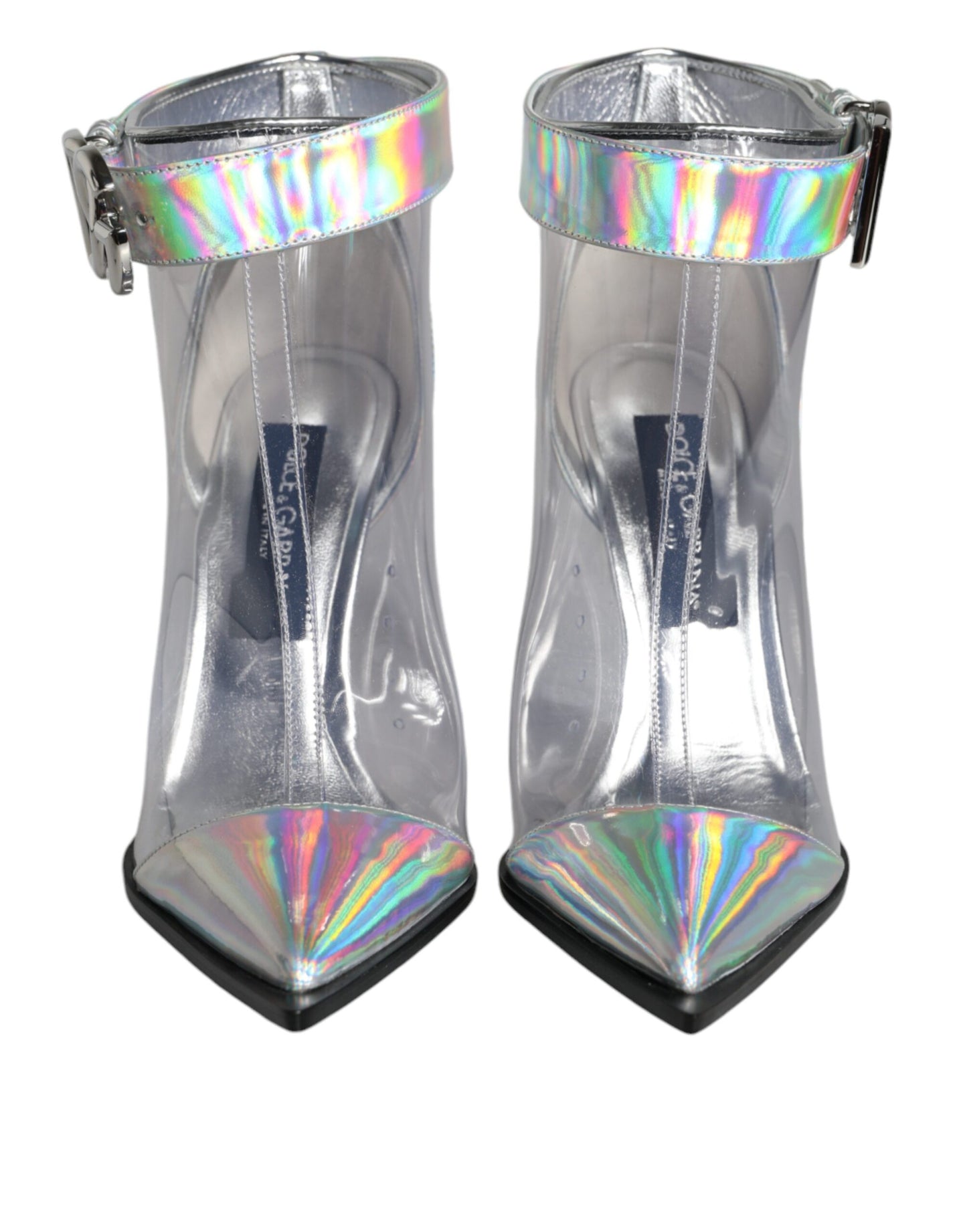 Dolce & Gabbana – Kurze Stiefel aus schillerndem PVC in Silber mit spitzer Spitze