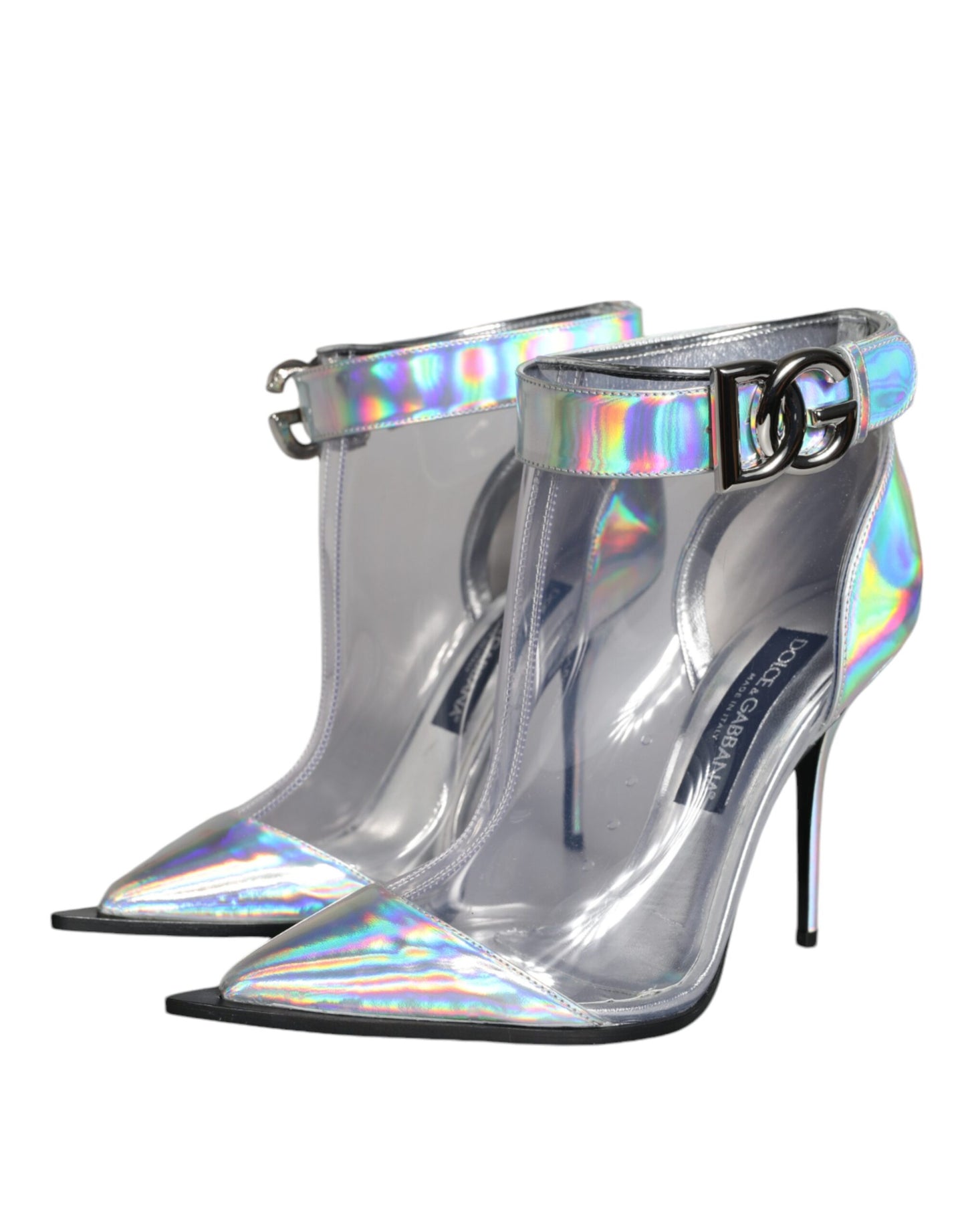 Dolce & Gabbana – Kurze Stiefel aus schillerndem PVC in Silber mit spitzer Spitze