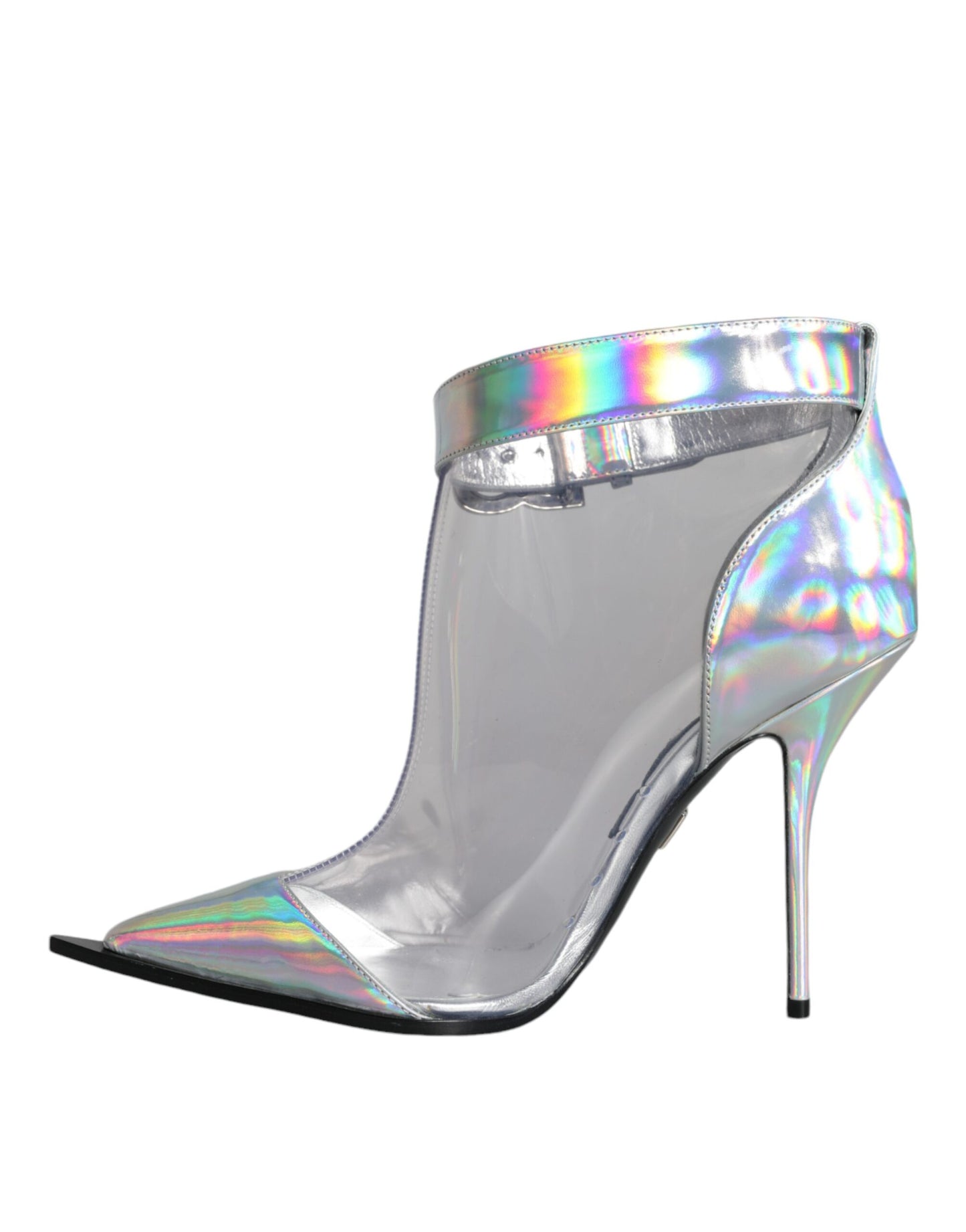 Dolce & Gabbana – Kurze Stiefel aus schillerndem PVC in Silber mit spitzer Spitze