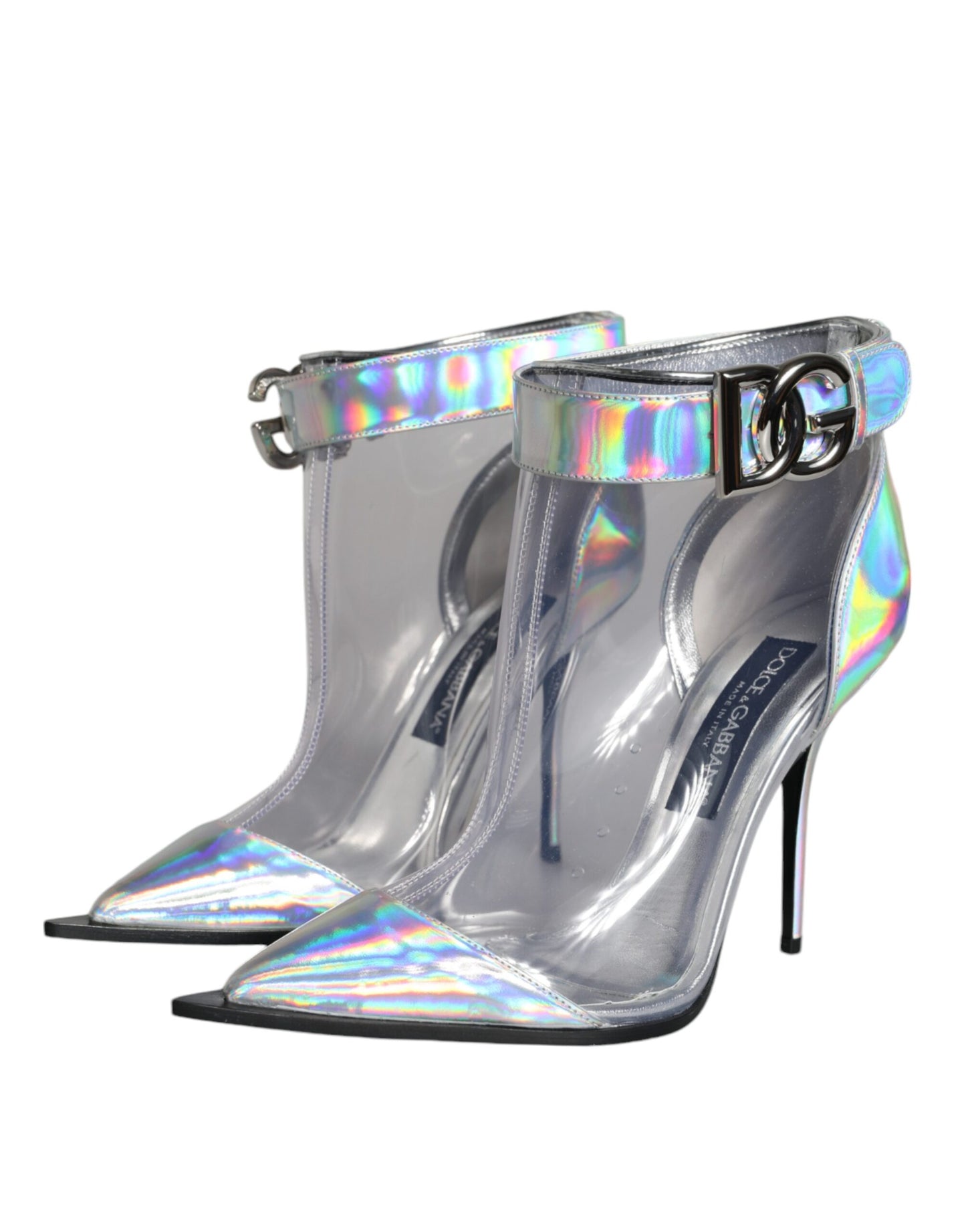 Dolce & Gabbana – Kurze Stiefel aus schillerndem PVC in Silber mit spitzer Spitze
