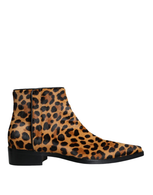 Dolce & Gabbana Braune Stiefeletten aus Kalbsfell mit Leopardenmuster