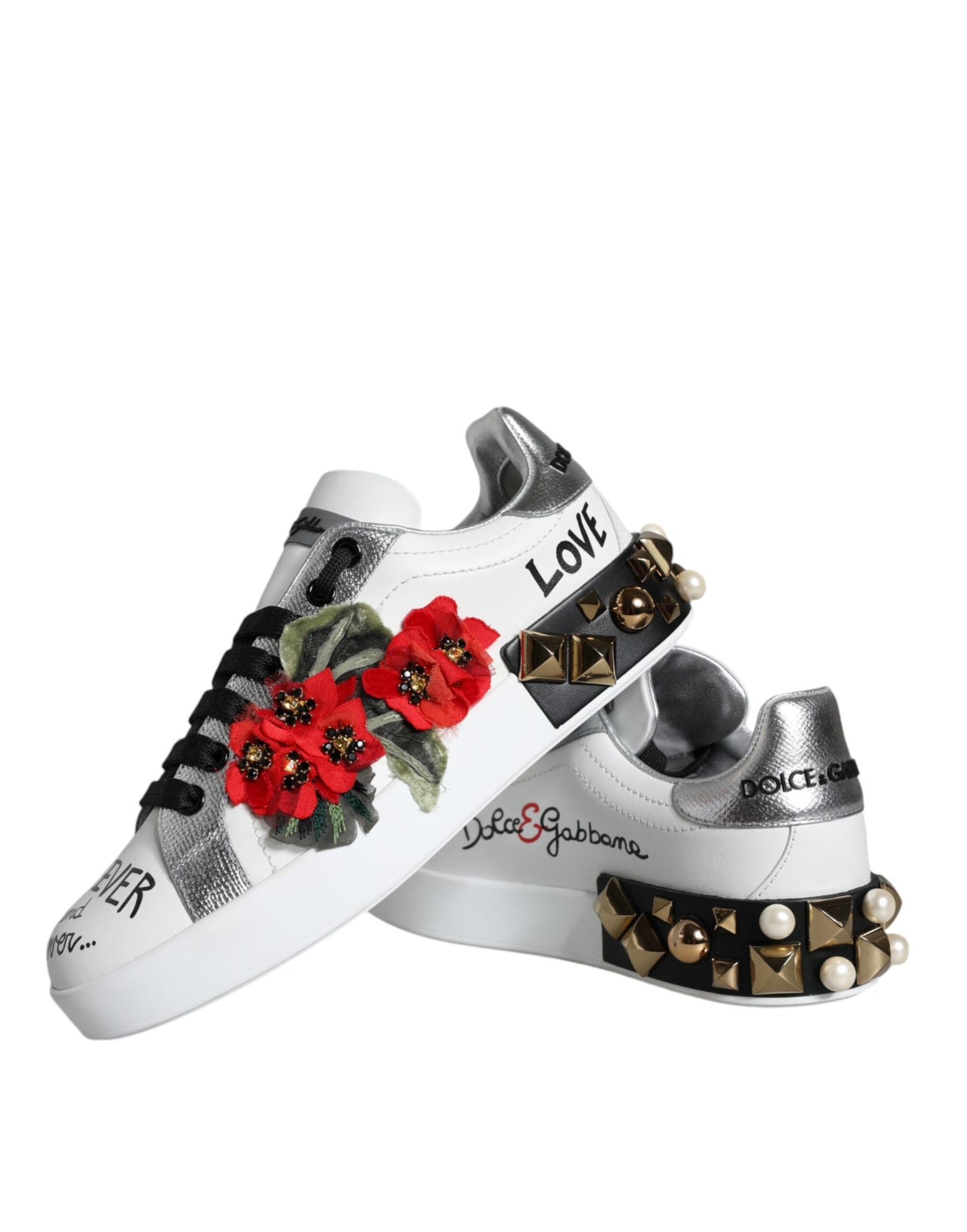Dolce & Gabbana – Weiße Sneakers aus Leder mit Blumen- und Nietenbesatz
