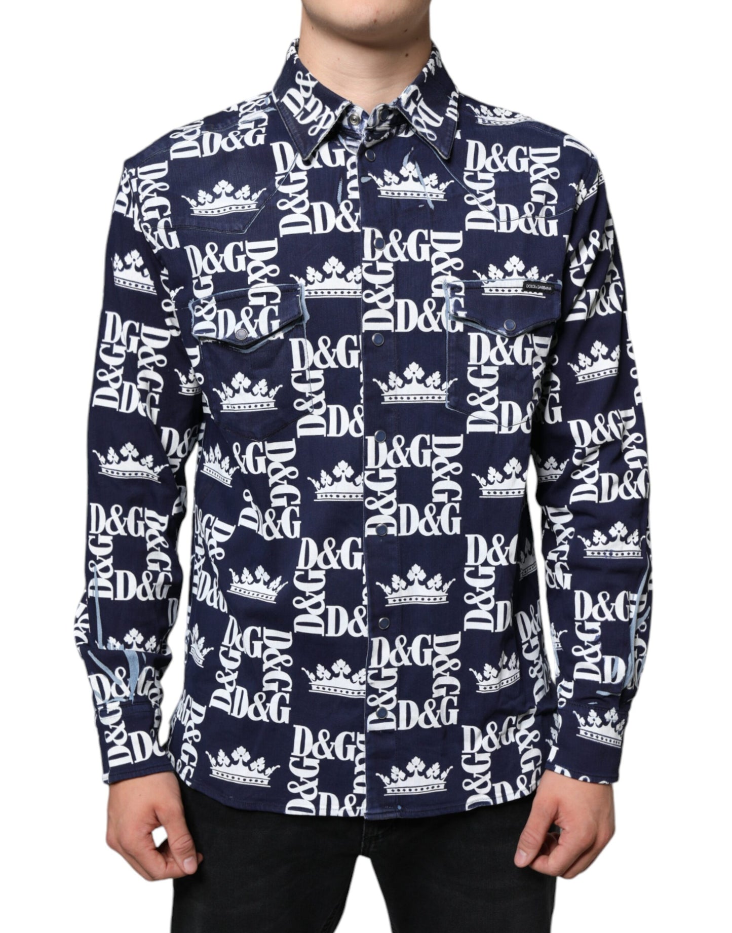 Dolce & Gabbana – Slim Fit-Baumwollhemd mit blauem Kronen-Logo-Print