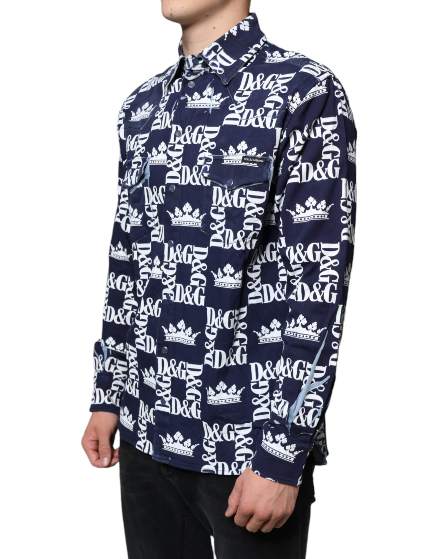 Dolce & Gabbana – Slim Fit-Baumwollhemd mit blauem Kronen-Logo-Print