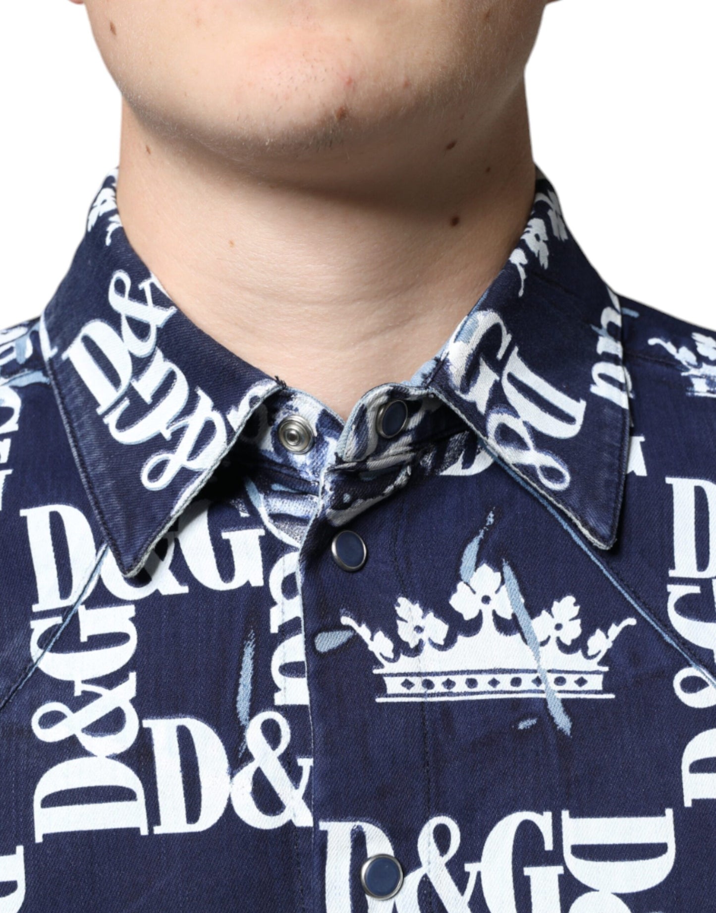 Dolce & Gabbana – Slim Fit-Baumwollhemd mit blauem Kronen-Logo-Print