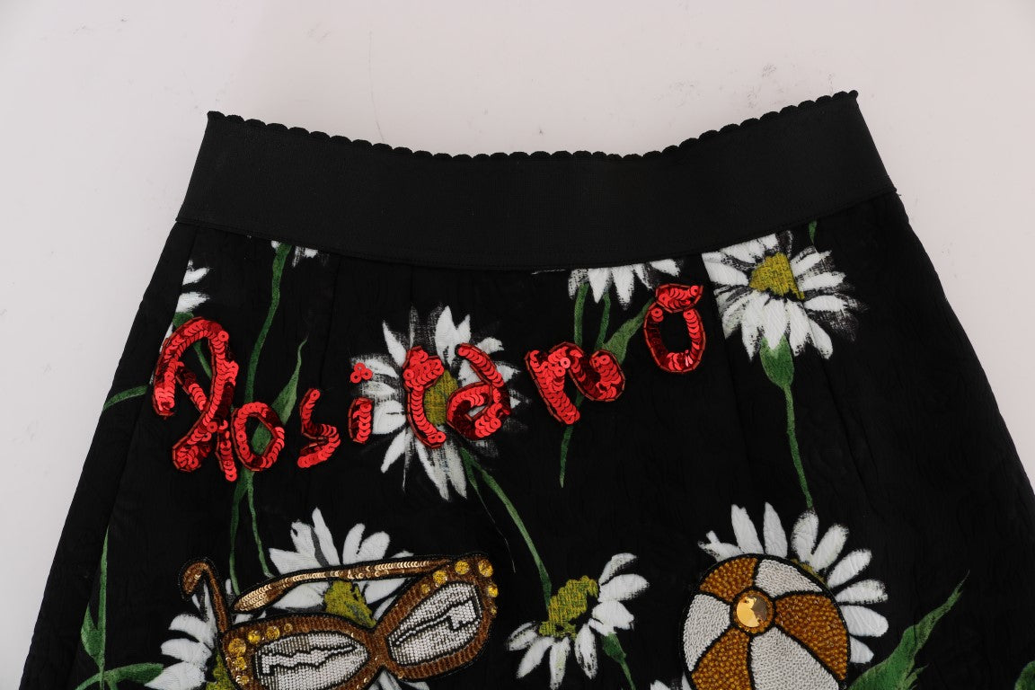 Dolce & Gabbana – Schwarzer, verzierter Brokatrock mit Gänseblümchenmuster